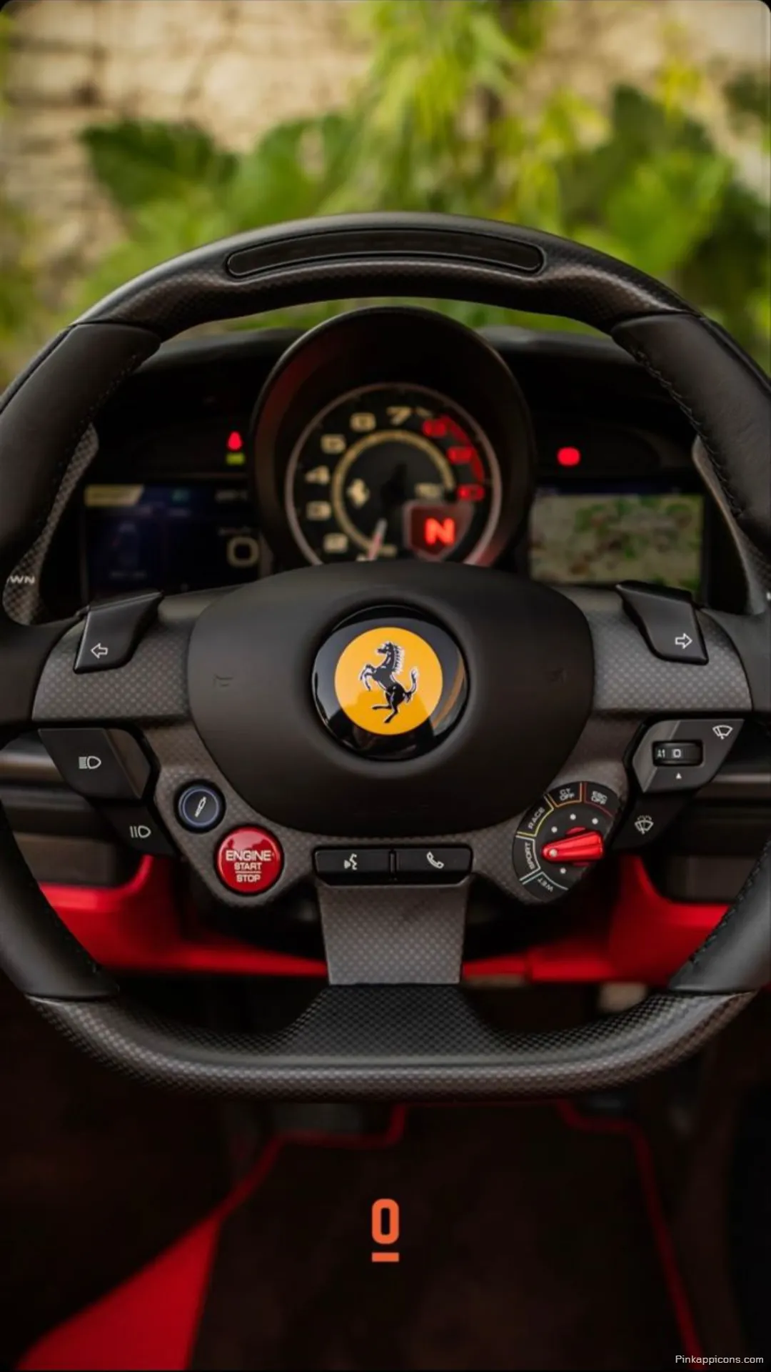 Drivers View Ferrari Steering Wheel wallpaper Iconic Prancing Horse emblem and controls for an immersive phone wallpaper Copy Driver’s View Ferrari Steering Wheel wallpaper Iconic Prancing Horse emblem and controls for an immersive phone wallpaper – Copy
