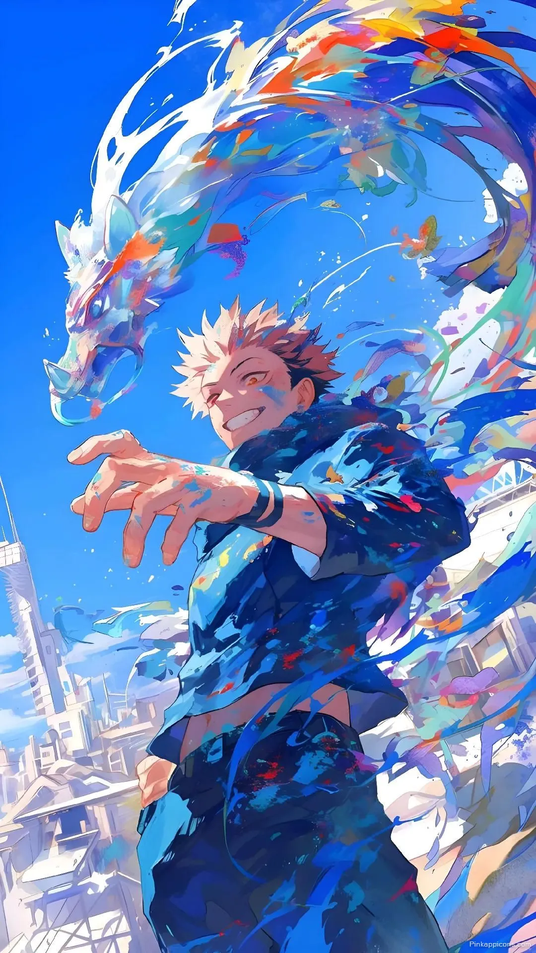 Dynamic Yuji Itadori with vibrant paint dragon a powerful and colorful dark anime wallpaper 4K for your phone Dynamic Yuji Itadori with vibrant paint dragon, a powerful and colorful dark anime wallpaper 4K for your phone.