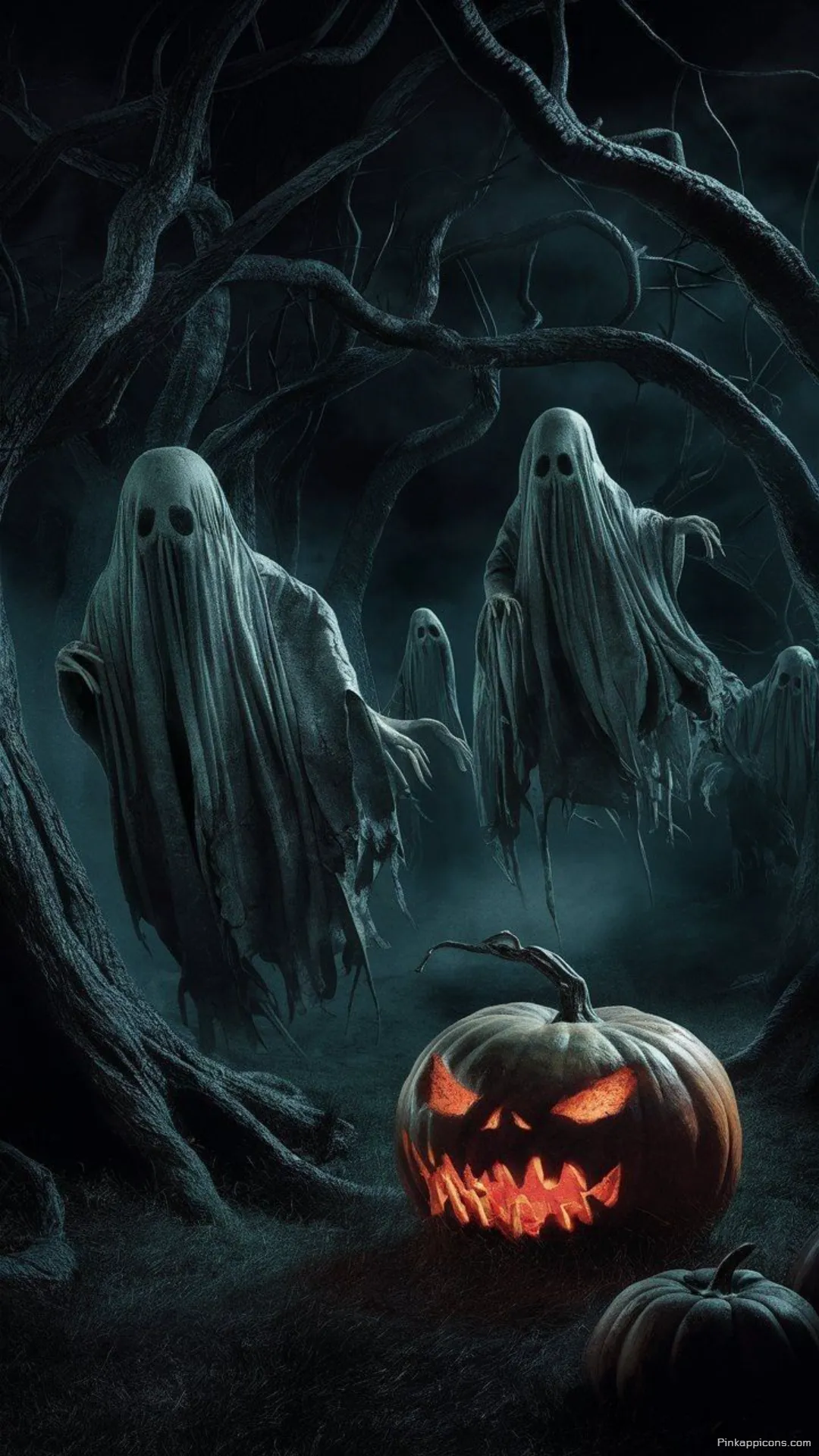 Eerie Ghosts Glowing Jack o Lantern in a Spooky Forest Perfect Halloween Wallpaper for Phone Eerie Ghosts & Glowing Jack-o’-Lantern in a Spooky Forest Perfect Halloween Wallpaper for Phone.