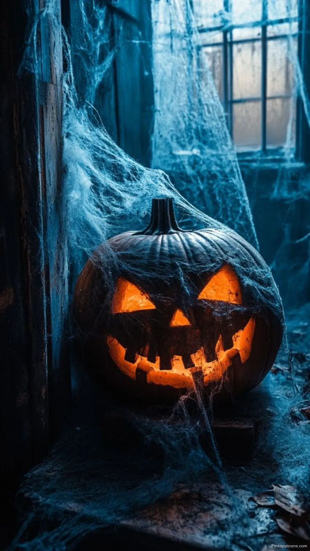 Eerie Glowing Jack o Lantern Amidst Dense Cobwebs Spooky Halloween Wallpaper for Phone Eerie Glowing Jack-o’-Lantern Amidst Dense Cobwebs Spooky Halloween Wallpaper for Phone.