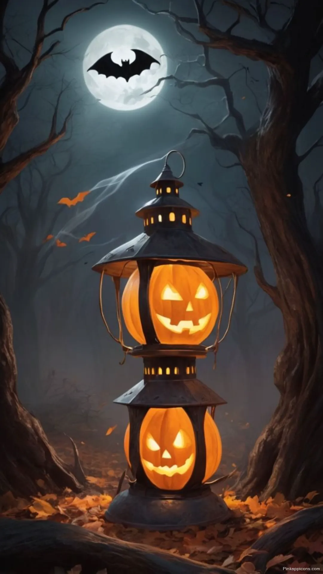 Eerie Moonlit Forest with Bat Silhouette Lantern Pumpkins Halloween Wallpaper for Phone Eerie Moonlit Forest with Bat Silhouette & Lantern Pumpkins Halloween Wallpaper for Phone.