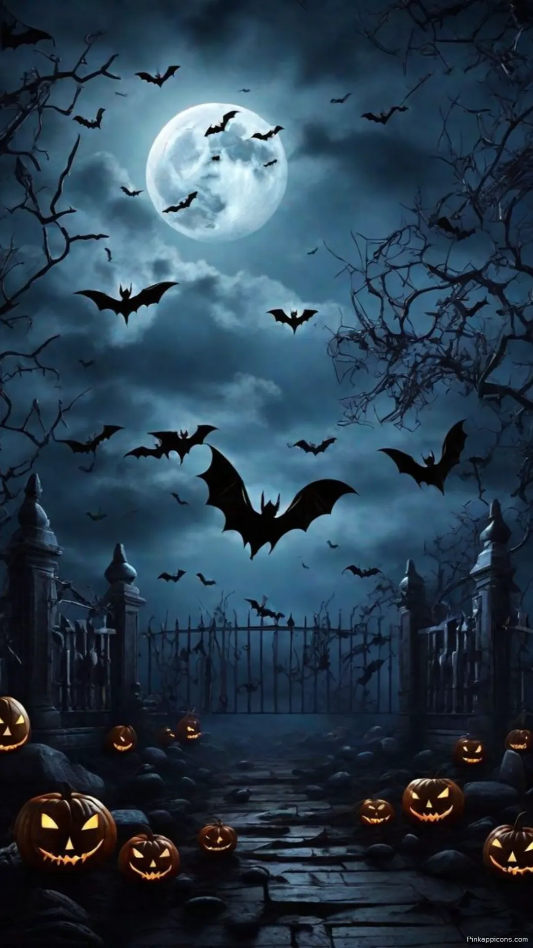 Eerie Moonlit Gate Flying Bats Halloween Wallpaper Glowing Jack o Lanterns Path for Your Phone Eerie Moonlit Gate & Flying Bats Halloween Wallpaper Glowing Jack-o’-Lanterns Path for Your Phone.