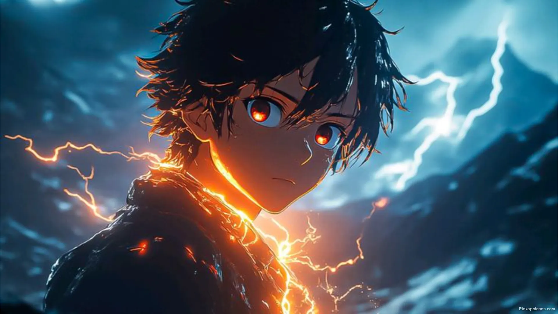 Electrifying Power and Intense Gaze A Dynamic Anime Heros Laptop Anime Wallpaper Electrifying Power and Intense Gaze A Dynamic Anime Hero’s Laptop Anime Wallpaper.