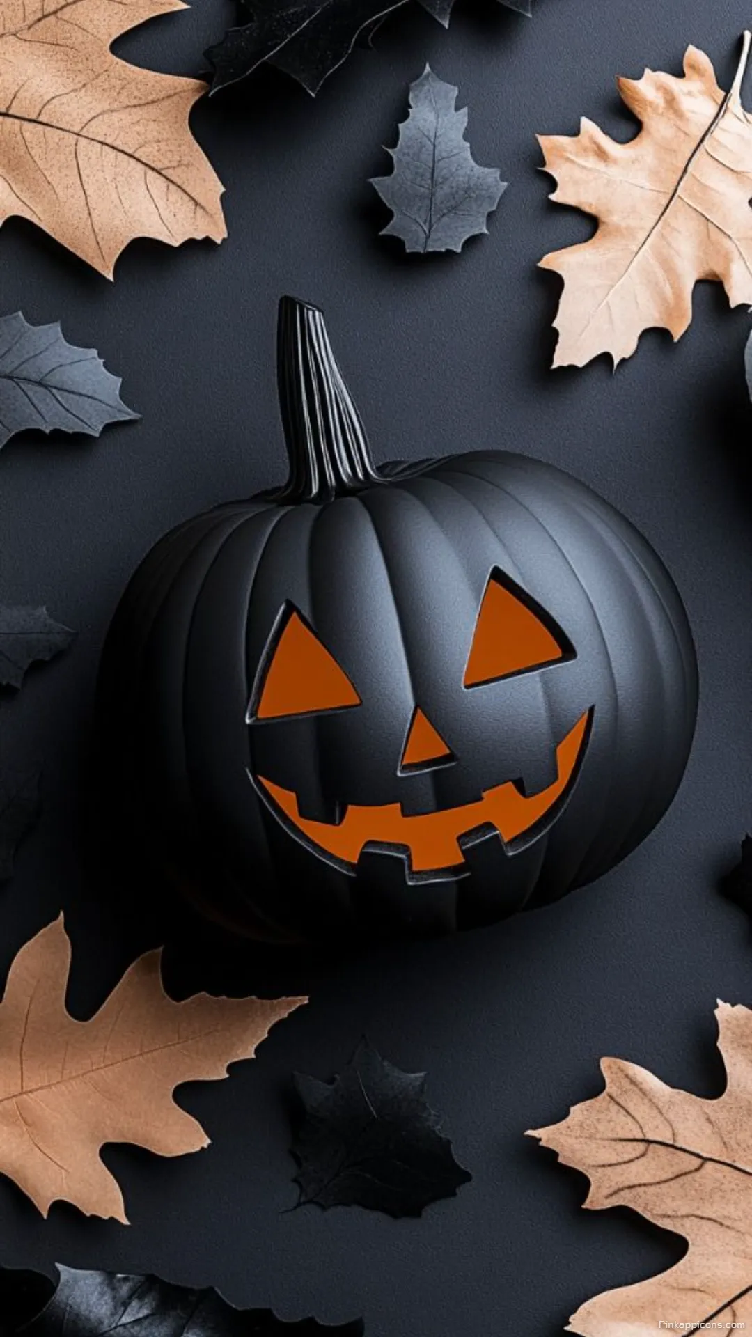 Elegant Black Jack o Lantern Fall Leaves Halloween Wallpaper Spooky Phone Background Elegant Black Jack-o’-Lantern & Fall Leaves Halloween Wallpaper Spooky Phone Background