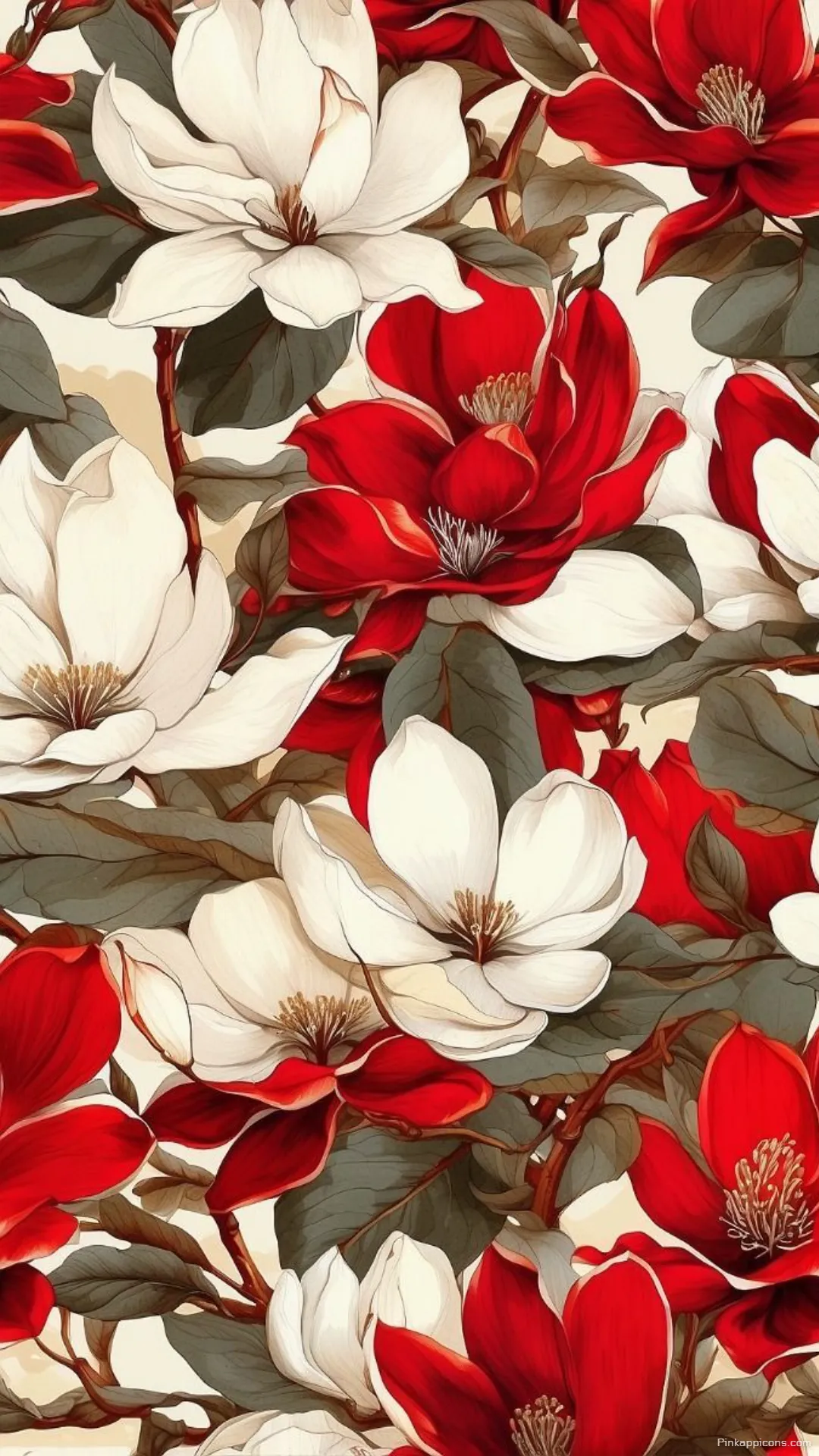 Elegant Red White Magnolia Flowers Vintage Floral Tropical Wallpaper for Your Phone Elegant Red & White Magnolia Flowers Vintage Floral Tropical Wallpaper for Your Phone
