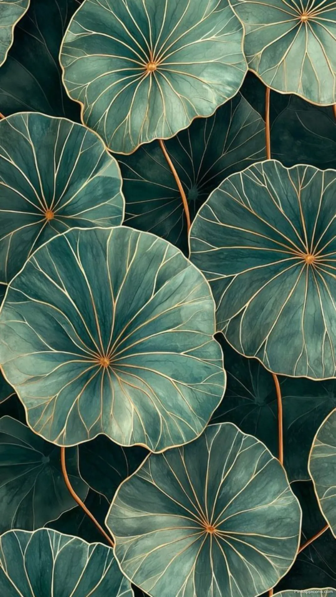 Elegant Teal Lotus Leaves with Golden Veins Art Deco Tropical Wallpaper for Phones Elegant Teal Lotus Leaves with Golden Veins Art Deco Tropical Wallpaper for Phones