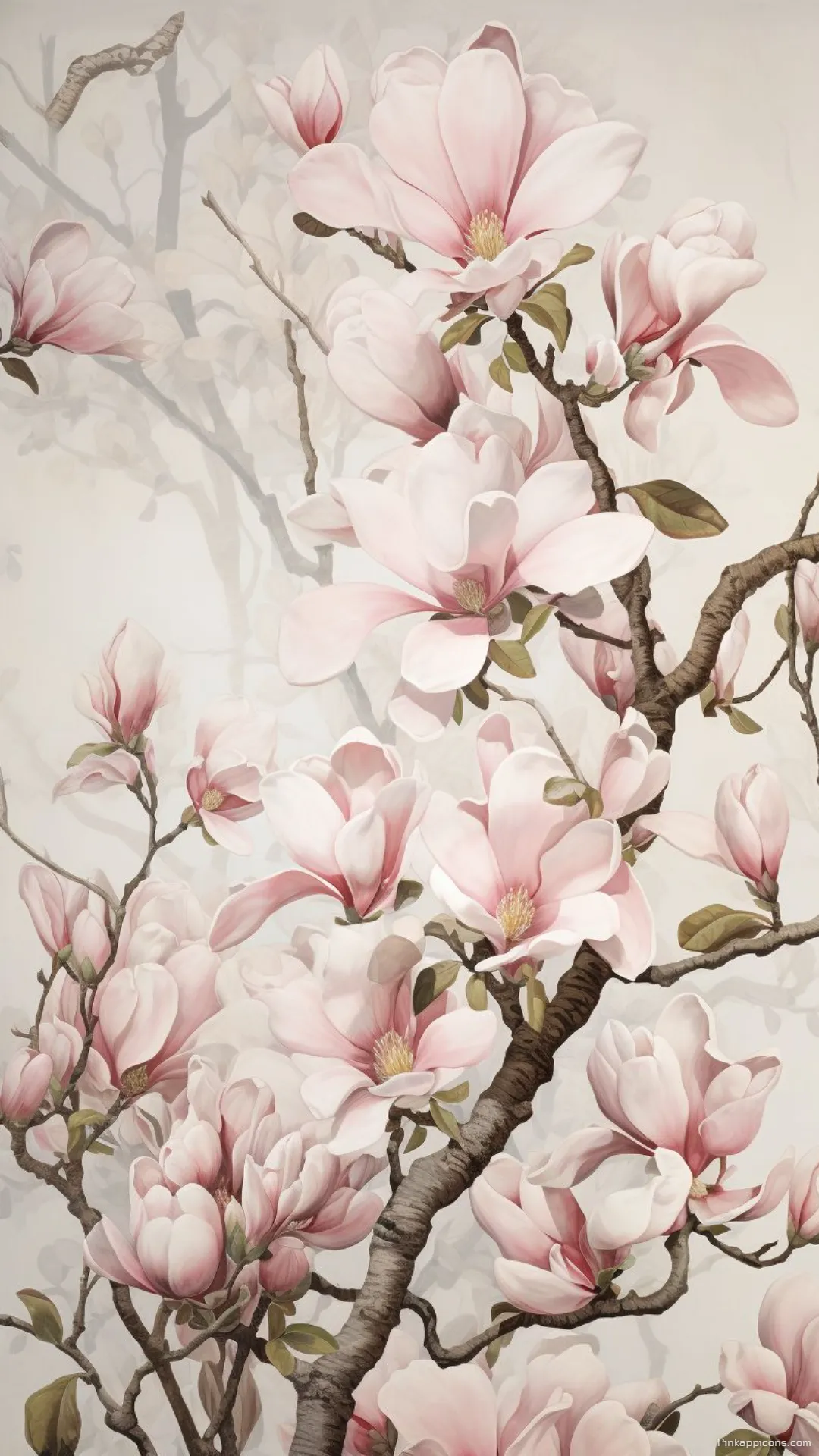 Elegant chinoiserie style pink floral art magnolia wallpaper for a classic phone screen Elegant chinoiserie-style pink floral art magnolia wallpaper for a classic phone screen.