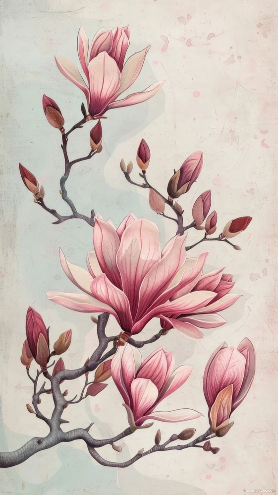 Elegant vintage botanical illustration of a pink magnolia wallpaper for your phone screen Elegant vintage botanical illustration of a pink magnolia wallpaper for your phone screen.