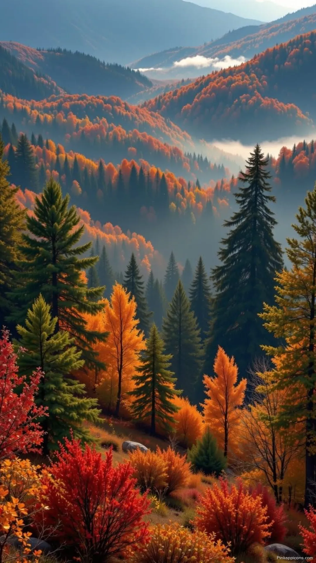 Enchanting Autumn Wallpaper Picturesque Mountain Slopes Covered in Rich Fall Colors and Morning Mist Phone Ready Enchanting Autumn Wallpaper Picturesque Mountain Slopes Covered in Rich Fall Colors and Morning Mist, Phone Ready