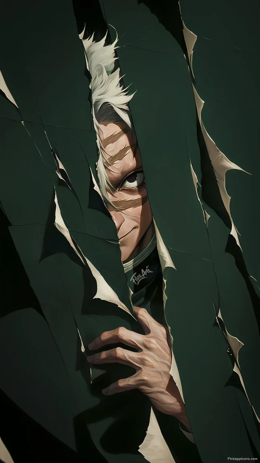 Enigmatic anime hero with scars peeking through torn fabric a compelling dark anime wallpaper 4K for your phone Enigmatic anime hero with scars peeking through torn fabric, a compelling dark anime wallpaper 4K for your phone.