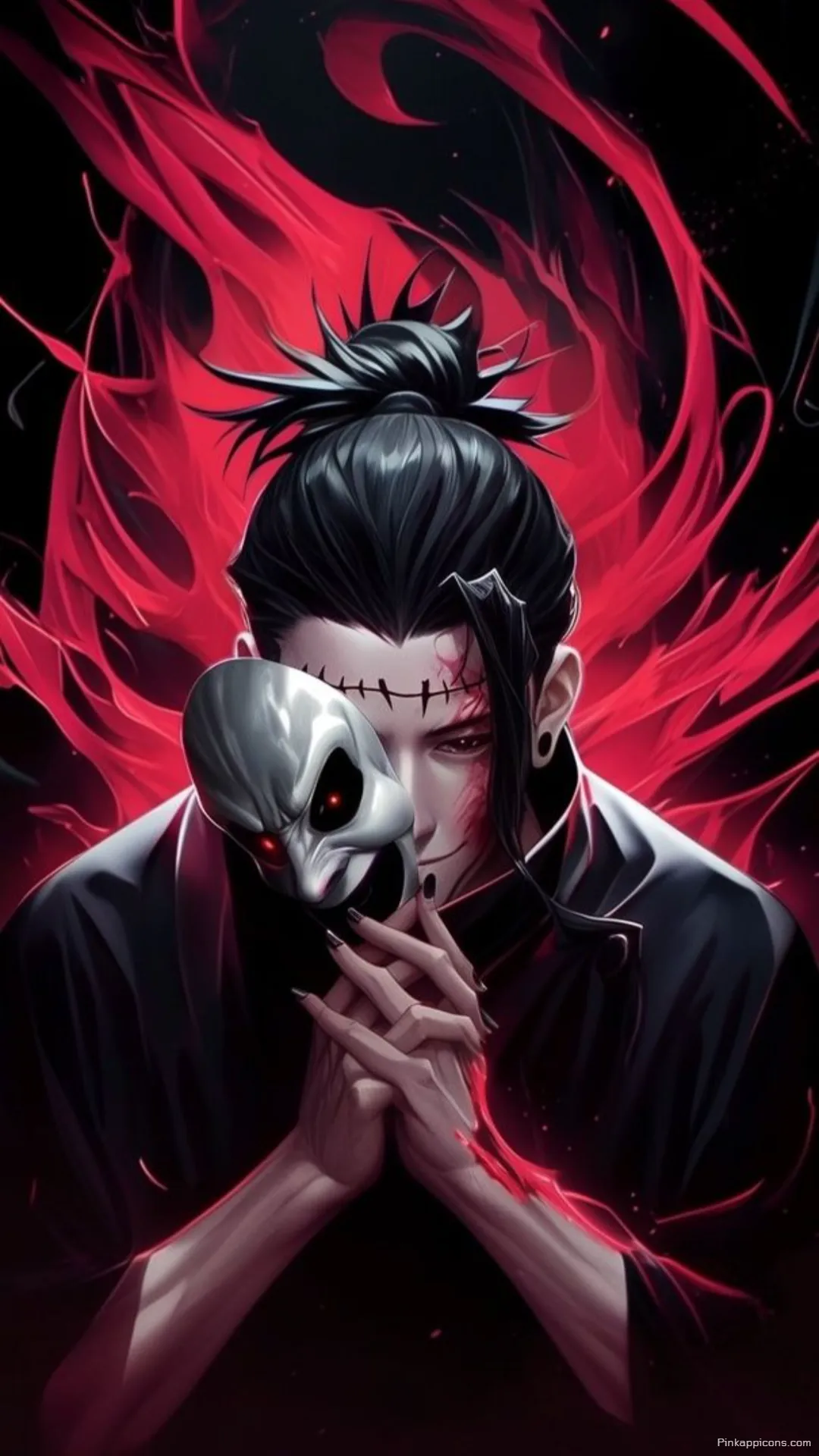 Enigmatic masked figure with glowing red eyes and dark energy a captivating dark anime wallpaper 4K for your phone Enigmatic masked figure with glowing red eyes and dark energy, a captivating dark anime wallpaper 4K for your phone.