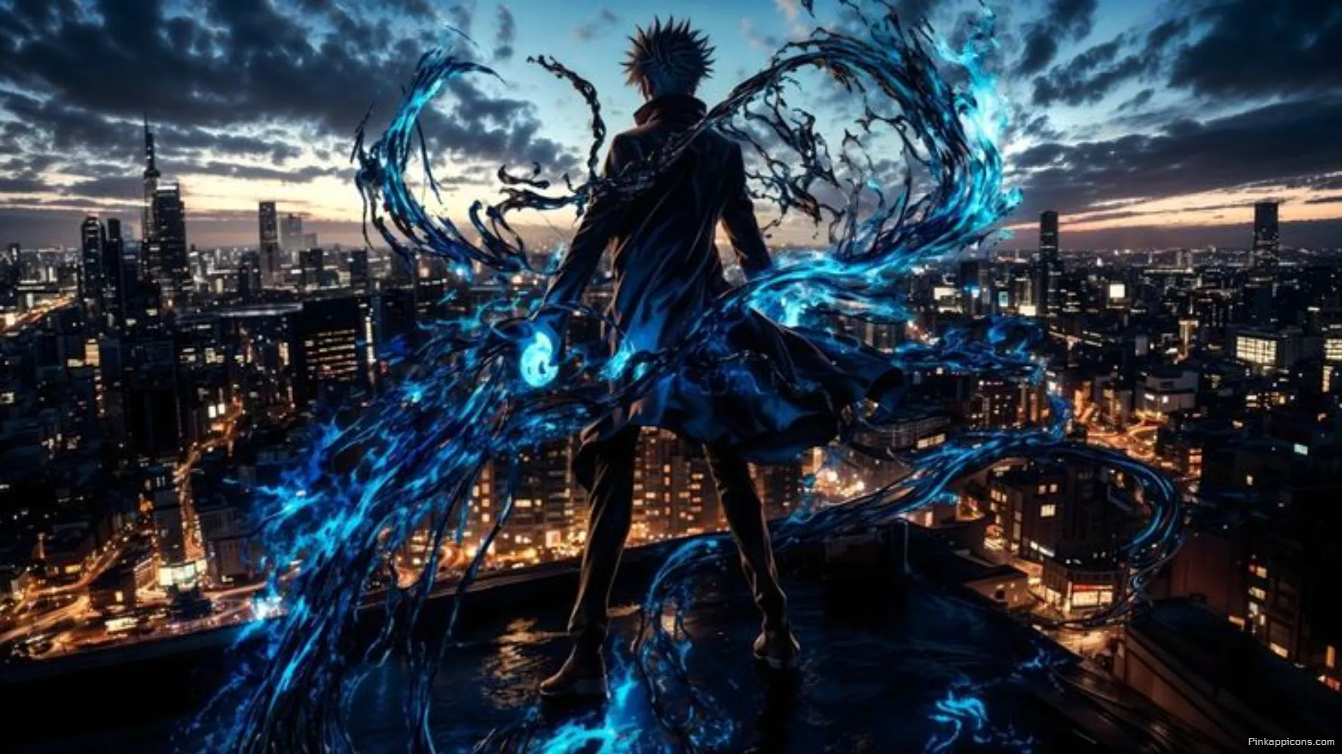 Epic Blue Energy Anime Character on City Rooftop at Night Dynamic Laptop Anime Wallpaper for Your Screen Epic Blue Energy Anime Character on City Rooftop at Night – Dynamic Laptop Anime Wallpaper for Your Screen