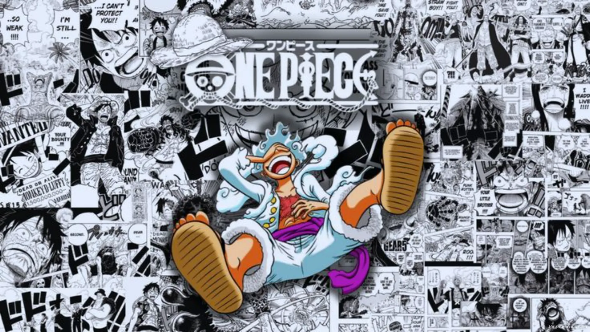 Epic Luffy Gear 5 on a manga collage a stunning laptop anime wallpaper for One Piece fans Epic Luffy Gear 5 on a manga collage, a stunning laptop anime wallpaper for One Piece fans.