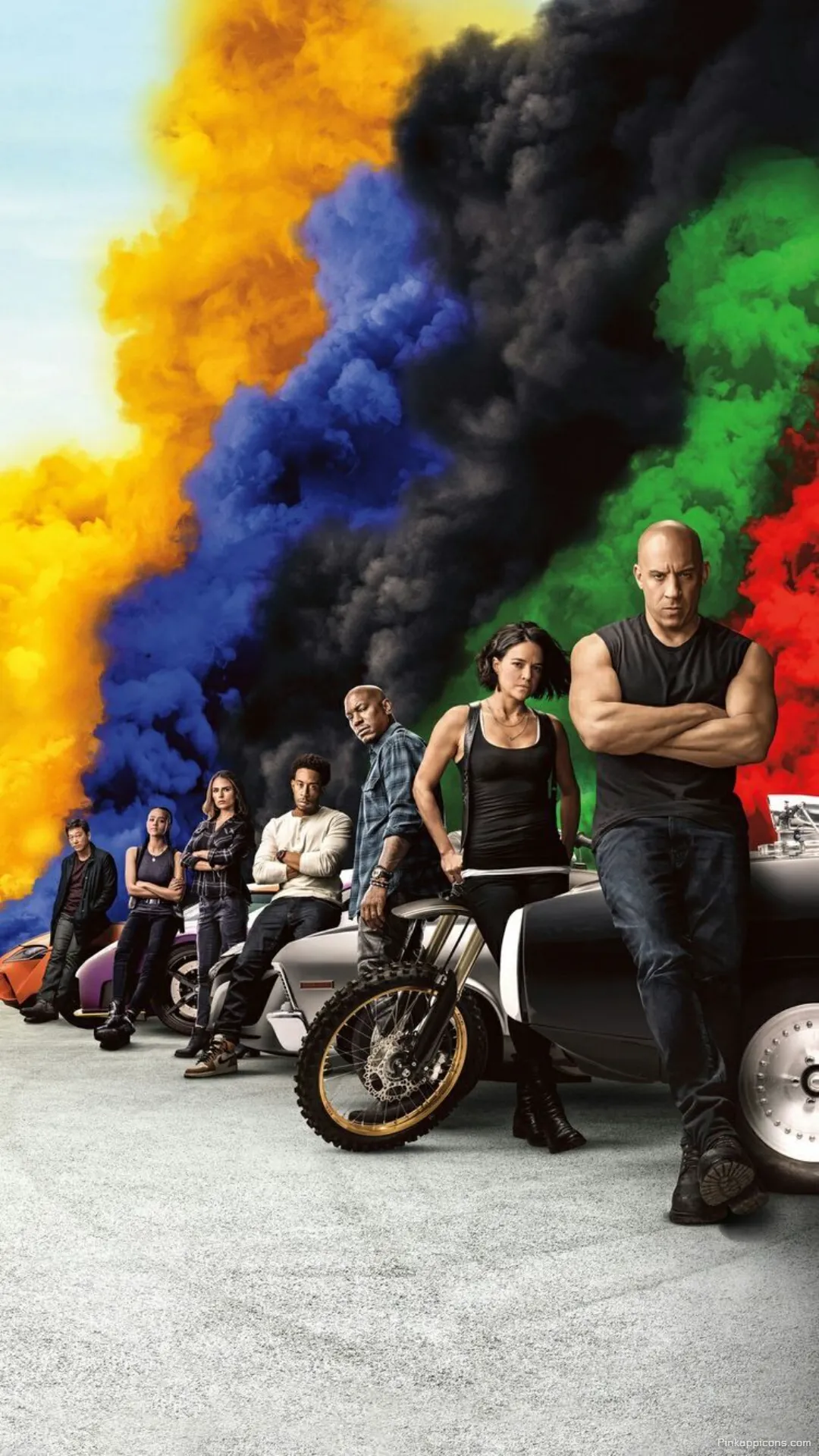F9 The Fast Saga vibrant cast and cars fast and furious wallpaper featuring colorful smoke for your phone F9 The Fast Saga vibrant cast and cars fast and furious wallpaper, featuring colorful smoke for your phone.