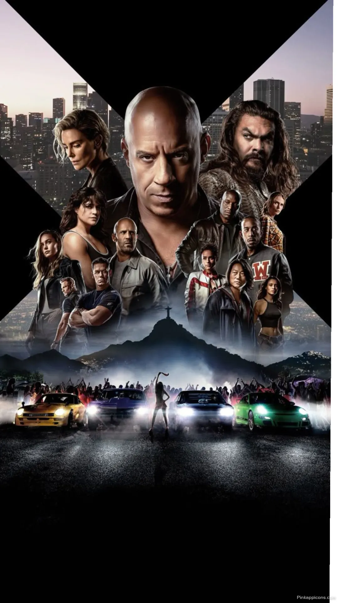 Fast X movie poster fast and furious wallpaper featuring the full cast cars and cityscape for your phone Fast X movie poster fast and furious wallpaper featuring the full cast, cars, and cityscape for your phone.