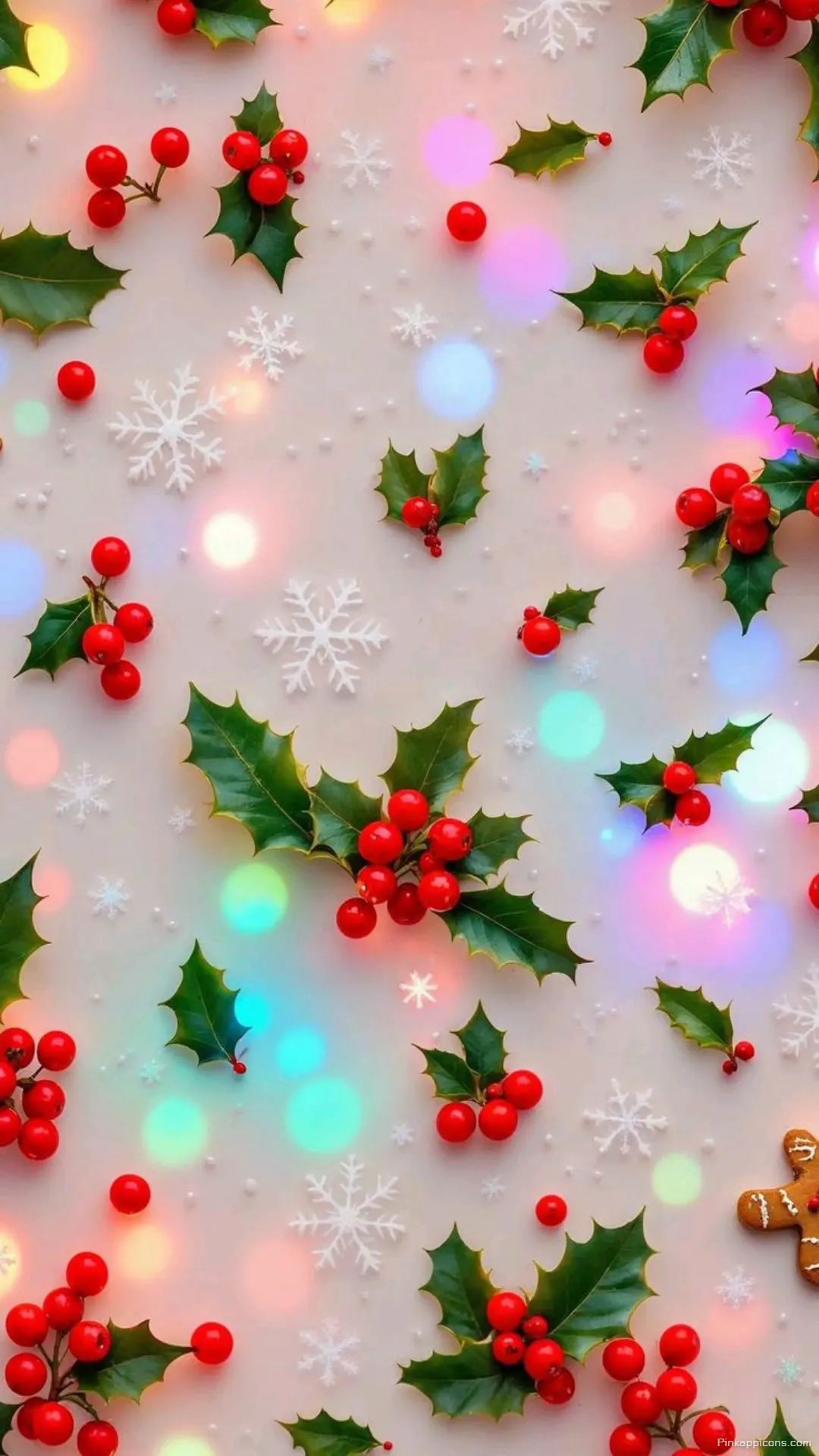 Festive Holly Snowflakes Bokeh Lights Christmas Wallpaper for Phone Vibrant Holiday Design Festive Holly, Snowflakes & Bokeh Lights Christmas Wallpaper for Phone – Vibrant Holiday Design