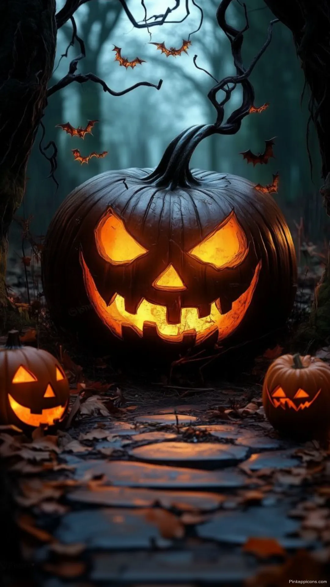 Giant Glowing Jack o Lantern in Misty Dark Forest Halloween Wallpaper Spooky Phone Background Giant Glowing Jack-o’-Lantern in Misty Dark Forest Halloween Wallpaper Spooky Phone Background.