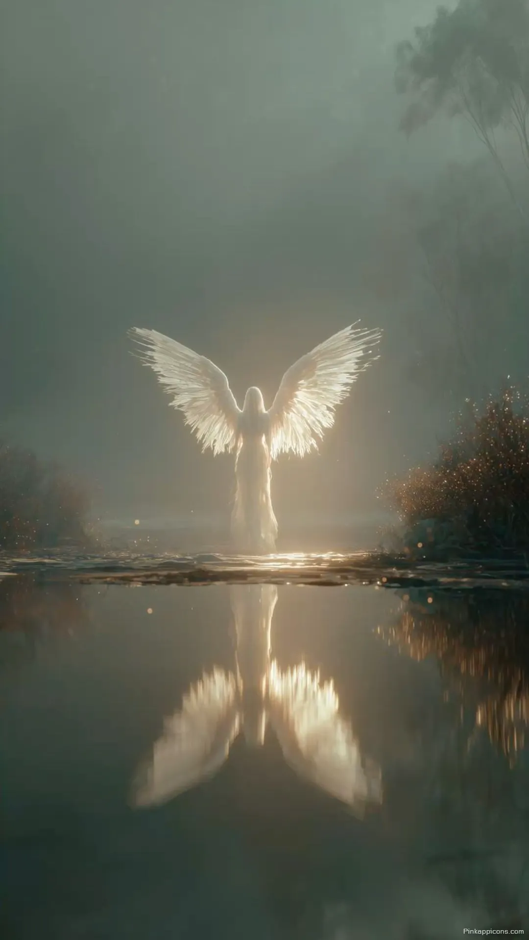 Glowing angel wallpaper with luminous wings reflected in serene water a beautiful phone wallpaper Glowing angel wallpaper with luminous wings reflected in serene water, a beautiful phone wallpaper.