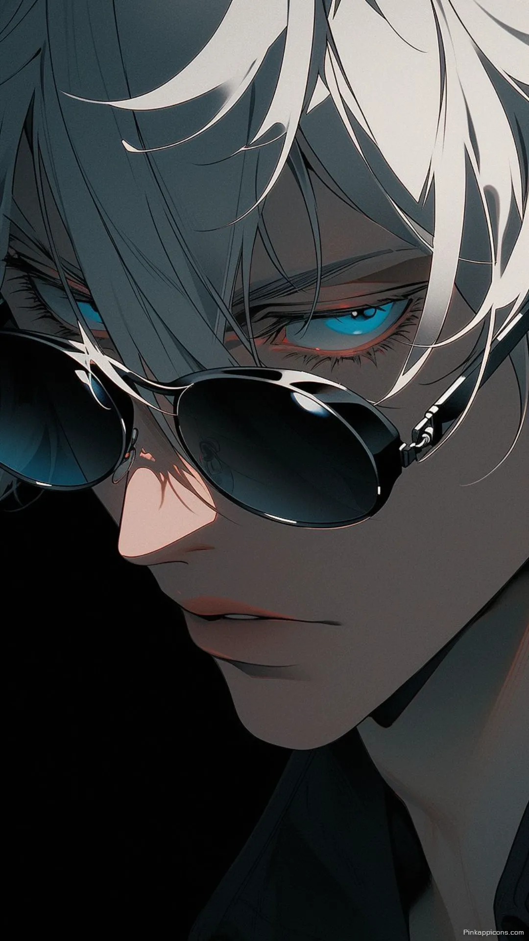 Gojo Satorus piercing blue eyes peeking through sunglasses an intense dark anime wallpaper 4K for your phone Gojo Satoru’s piercing blue eyes peeking through sunglasses, an intense dark anime wallpaper 4K for your phone.