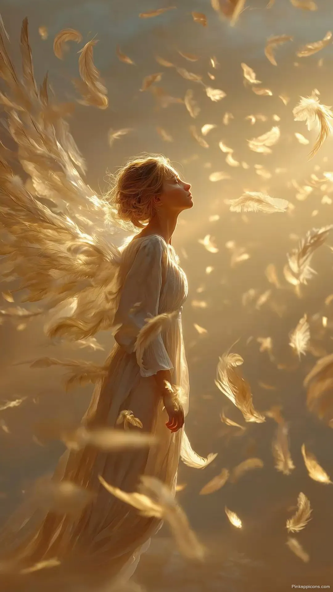 Golden angel wallpaper with falling feathers in divine light a beautiful phone wallpaper Golden angel wallpaper with falling feathers in divine light, a beautiful phone wallpaper.