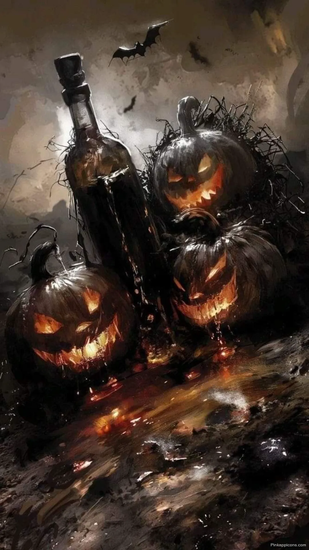 Gritty Glowing Jack o Lanterns Old Bottle Halloween Wallpaper Dark Art Phone Background Gritty Glowing Jack-o’-Lanterns & Old Bottle Halloween Wallpaper Dark Art Phone Background.