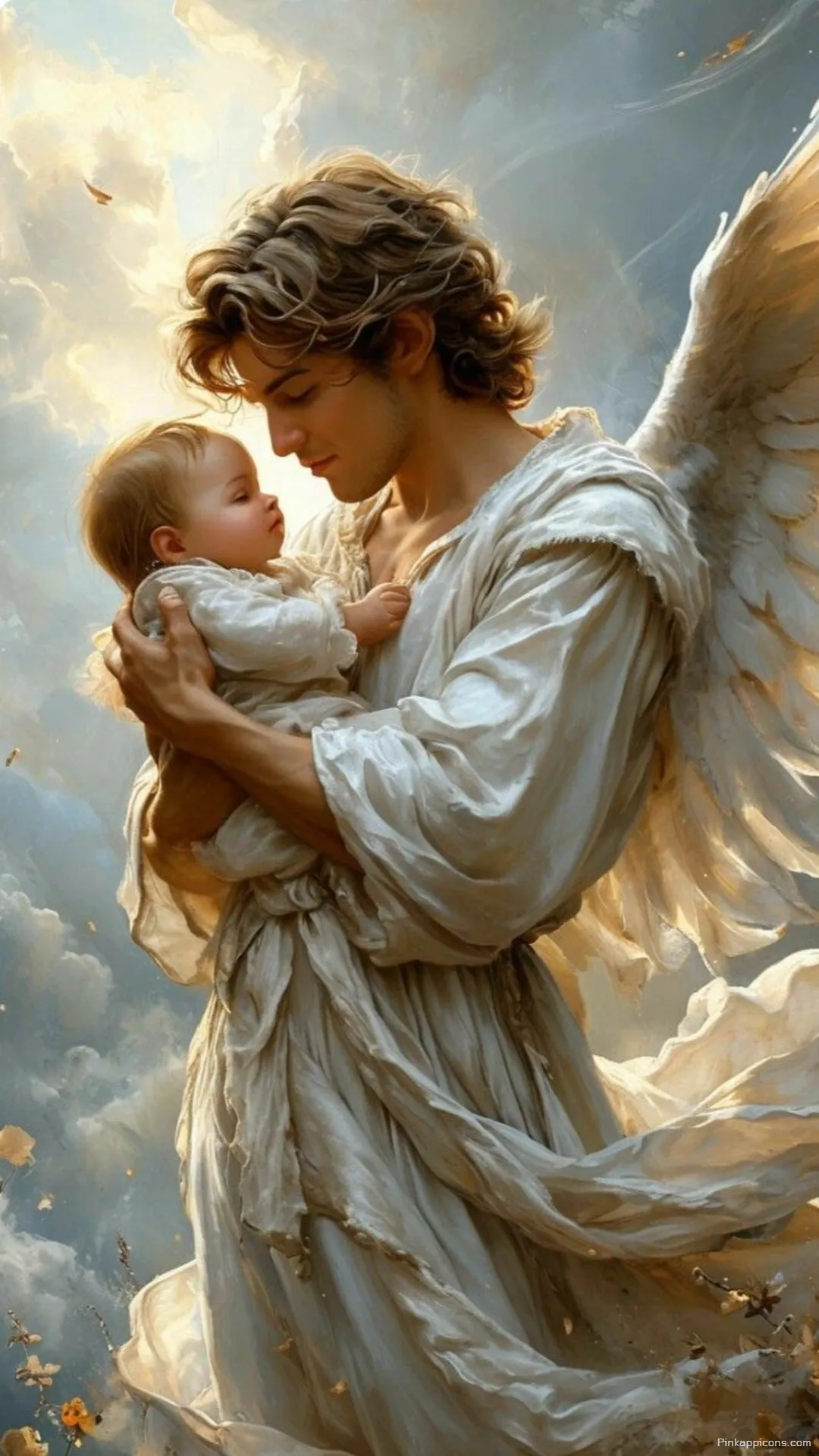 Guardian angel wallpaper of a male angel tenderly holding a baby a loving phone wallpaper Guardian angel wallpaper of a male angel tenderly holding a baby, a loving phone wallpaper.