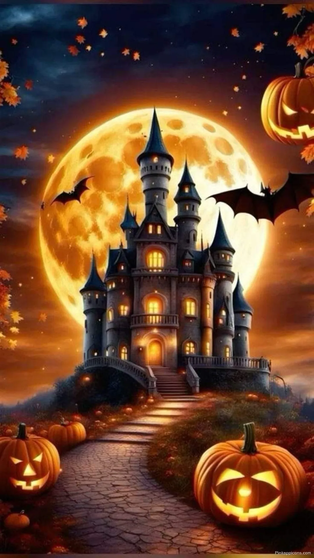 Haunted Castle Under Giant Orange Moon Glowing Pumpkins Halloween Wallpaper for Your Phone Haunted Castle Under Giant Orange Moon & Glowing Pumpkins Halloween Wallpaper for Your Phone.