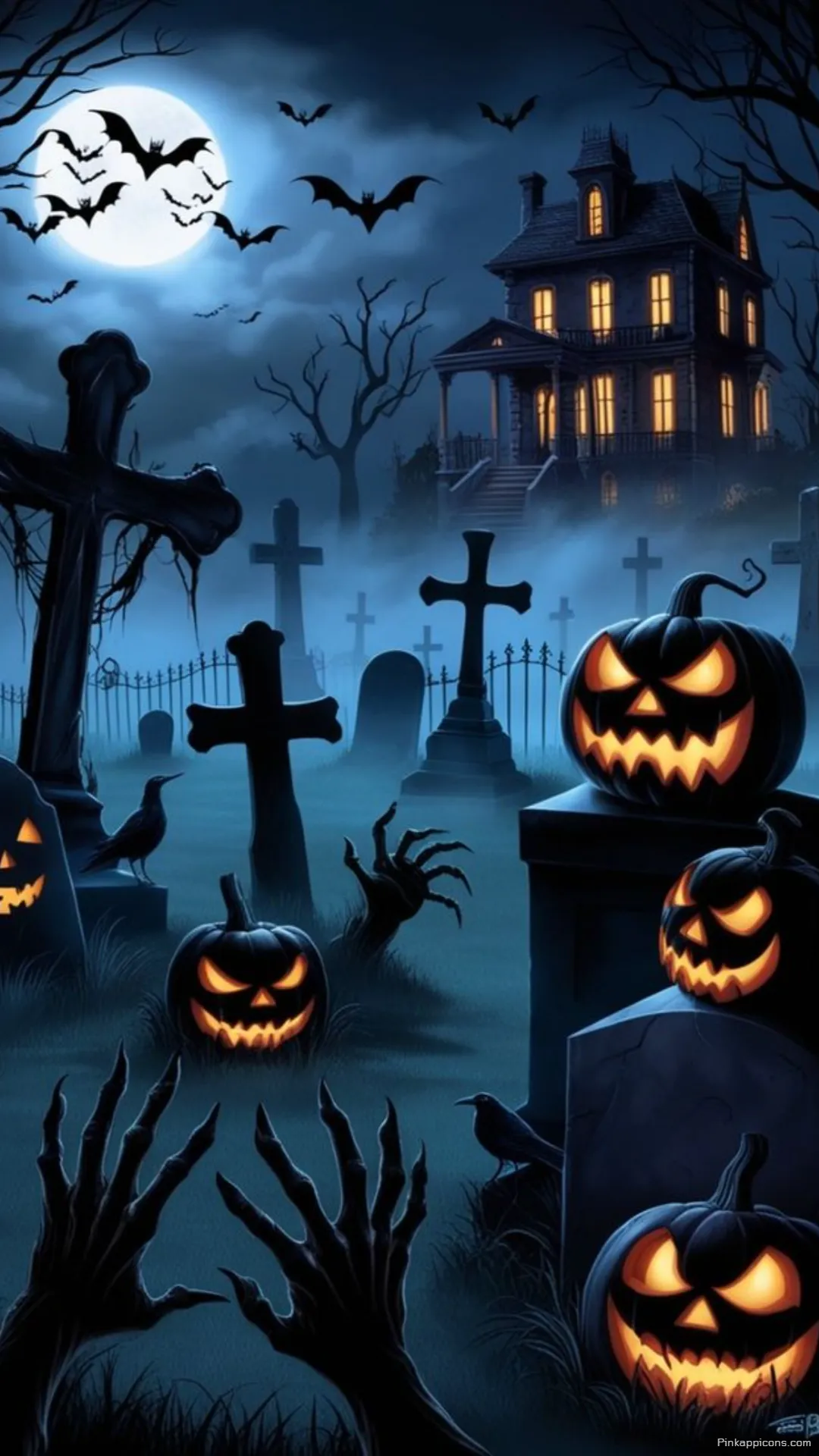 Haunted Graveyard Spooky House Halloween Wallpaper Moonlit Night Phone Background Haunted Graveyard & Spooky House Halloween Wallpaper Moonlit Night Phone Background
