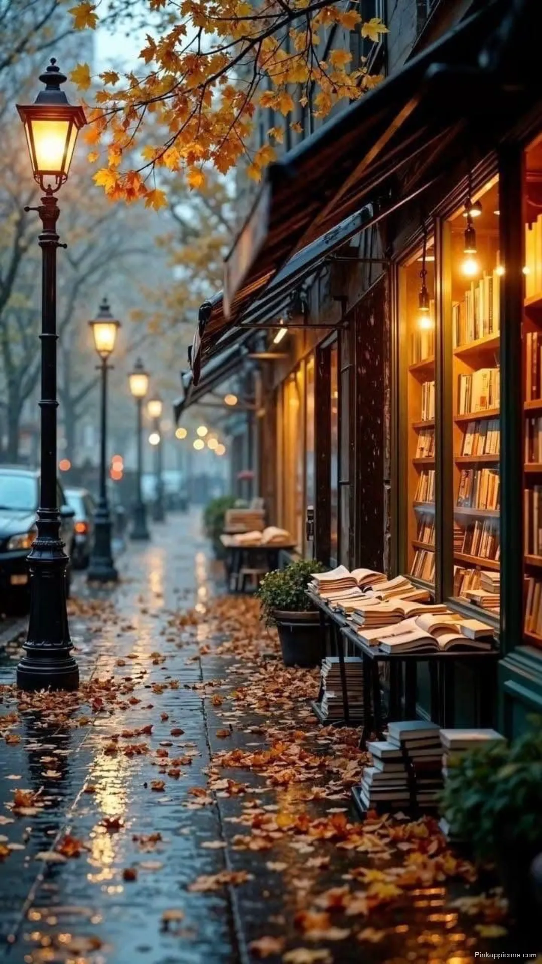 Historic Lampposts Illuminate a Leaf Strewn Lane Beautiful Autumn Wallpaper for Your Phone Historic Lampposts Illuminate a Leaf Strewn Lane Beautiful Autumn Wallpaper for Your Phone