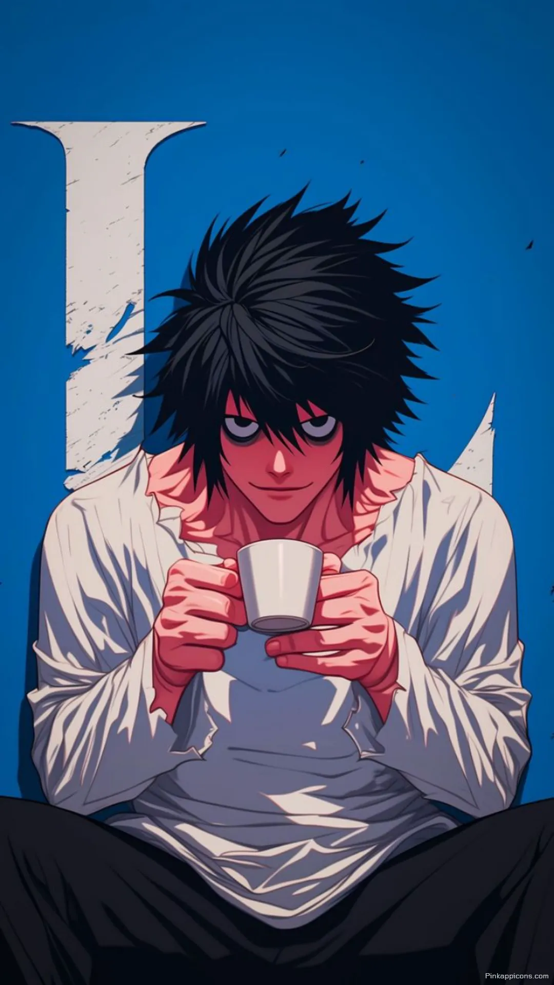Iconic Death Note L with his signature pose and cup a cool dark anime wallpaper 4K for your phone Iconic Death Note L with his signature pose and cup, a cool dark anime wallpaper 4K for your phone.