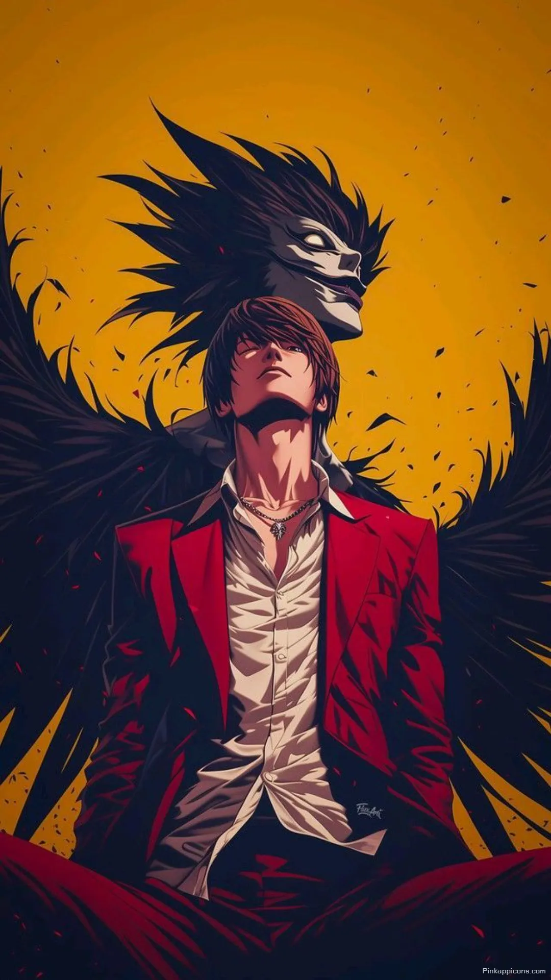 Iconic Death Note duo Light and Ryuk in a striking dark anime wallpaper 4K for your phone Iconic Death Note duo, Light and Ryuk, in a striking dark anime wallpaper 4K for your phone.