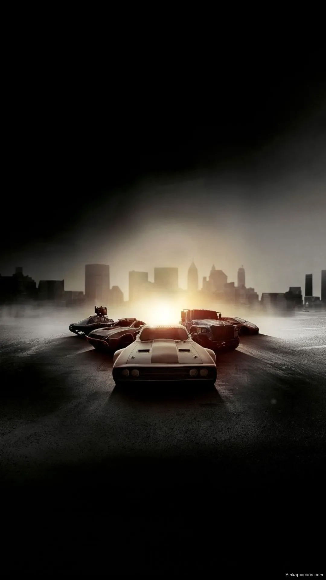 Iconic Fast and Furious cars lineup on a misty road with glowing city skyline a perfect phone fast and furious wallpaper Iconic Fast and Furious cars lineup on a misty road with glowing city skyline, a perfect phone fast and furious wallpaper.