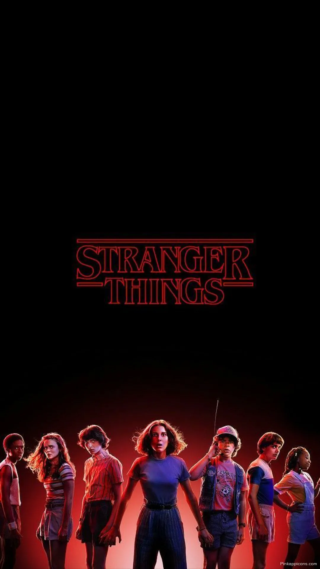 Iconic Stranger Things Wallpaper for Phone Featuring the Main Cast Under the Glowing Red Title on a Dark Background Iconic Stranger Things Wallpaper for Phone Featuring the Main Cast Under the Glowing Red Title on a Dark Background.