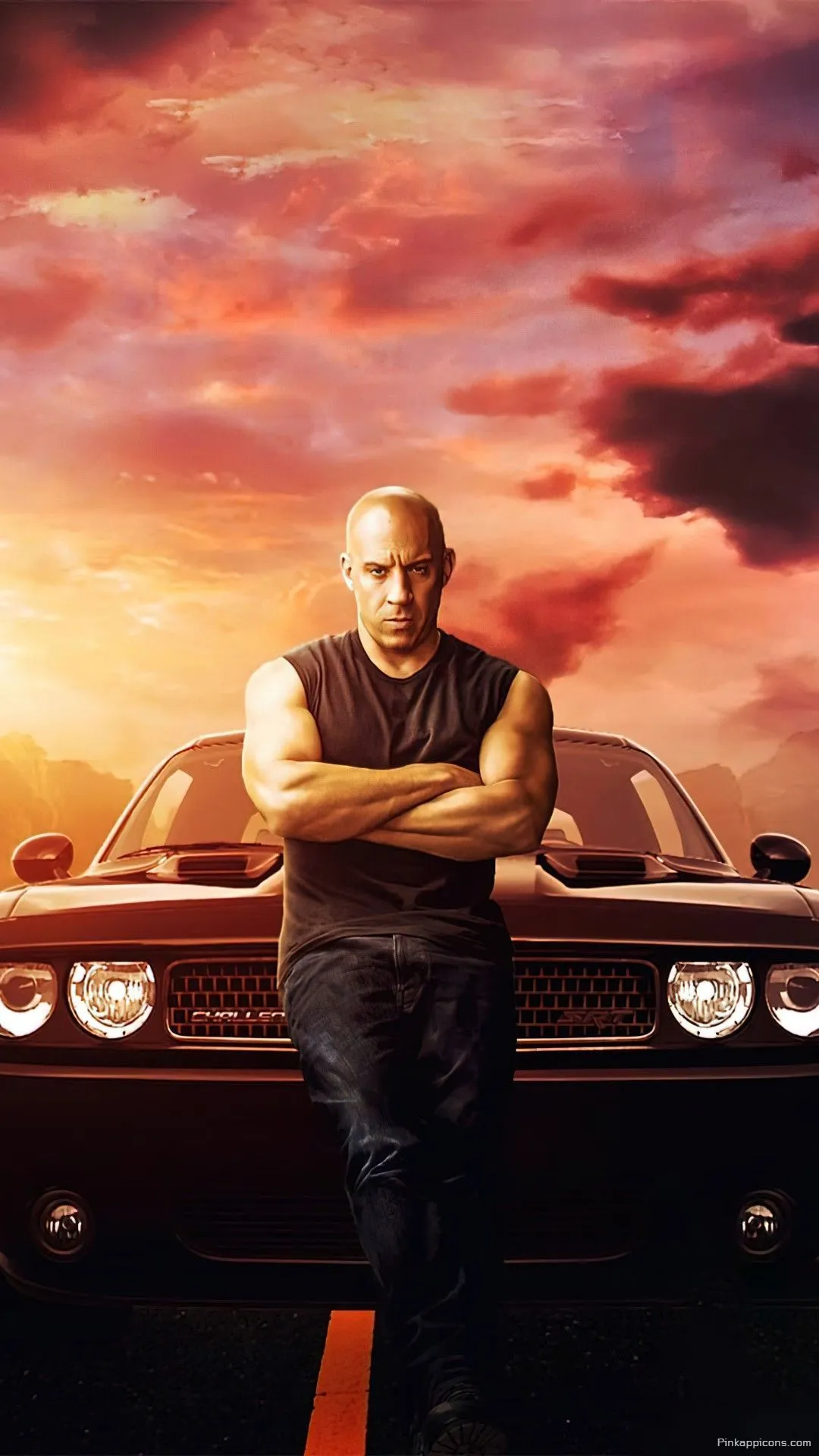 Iconic Vin Diesel with his muscle car against a vibrant sunset a stunning fast and furious wallpaper for your phone Iconic Vin Diesel with his muscle car against a vibrant sunset, a stunning fast and furious wallpaper for your phone.