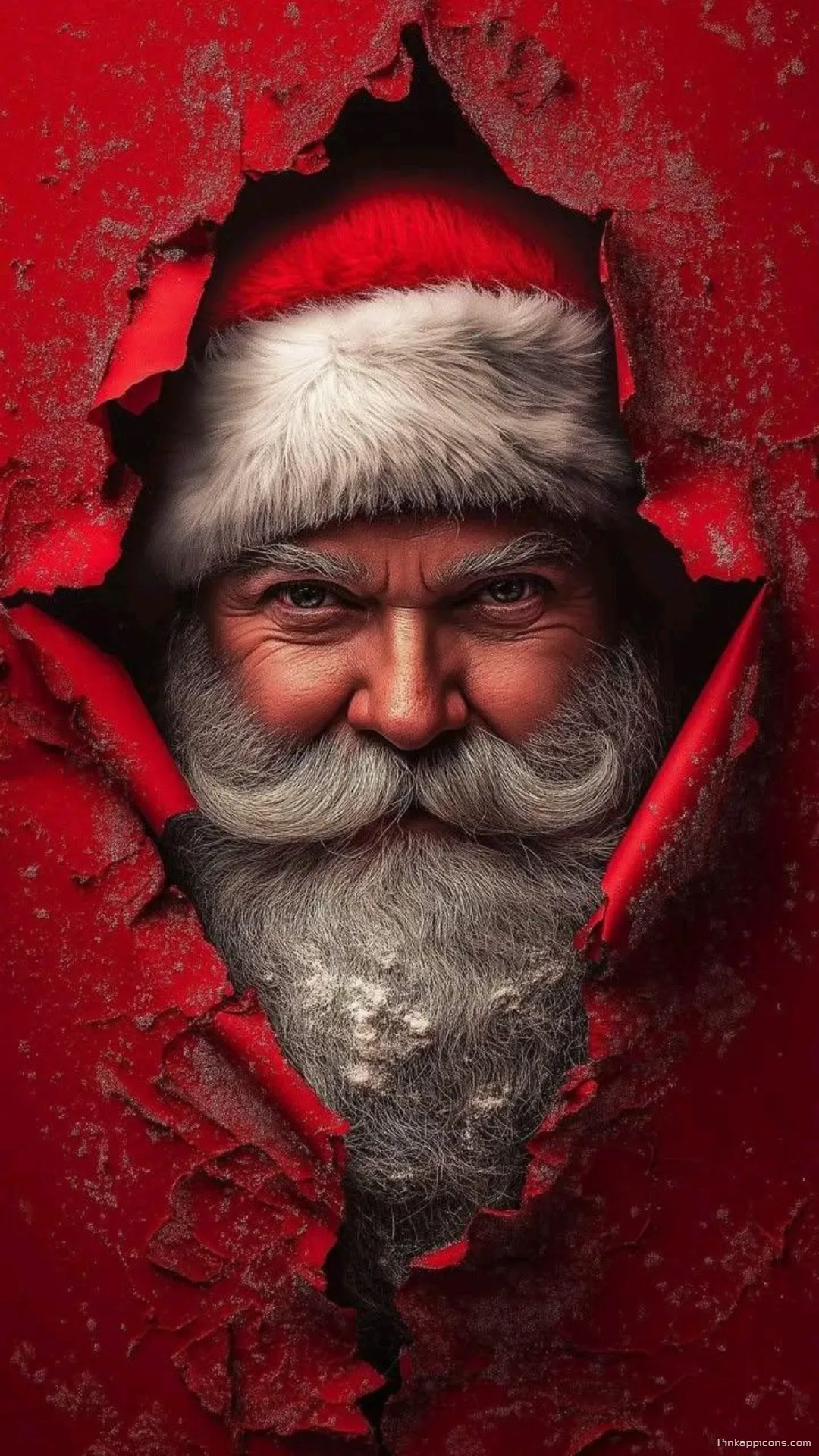 Intense Santa Claus Christmas Wallpaper Realistic Portrait Peeking Through Red Wallpaper Intense Santa Claus Christmas Wallpaper Realistic Portrait Peeking Through Red Wallpaper