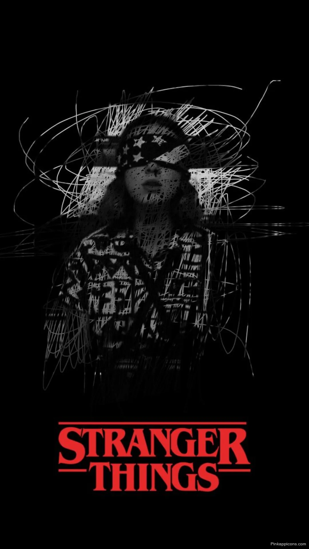 Intense Stranger Things Wallpaper for Phone Eleven Blindfolded with Abstract Lines on a Dark Background Intense Stranger Things Wallpaper for Phone Eleven Blindfolded with Abstract Lines on a Dark Background.