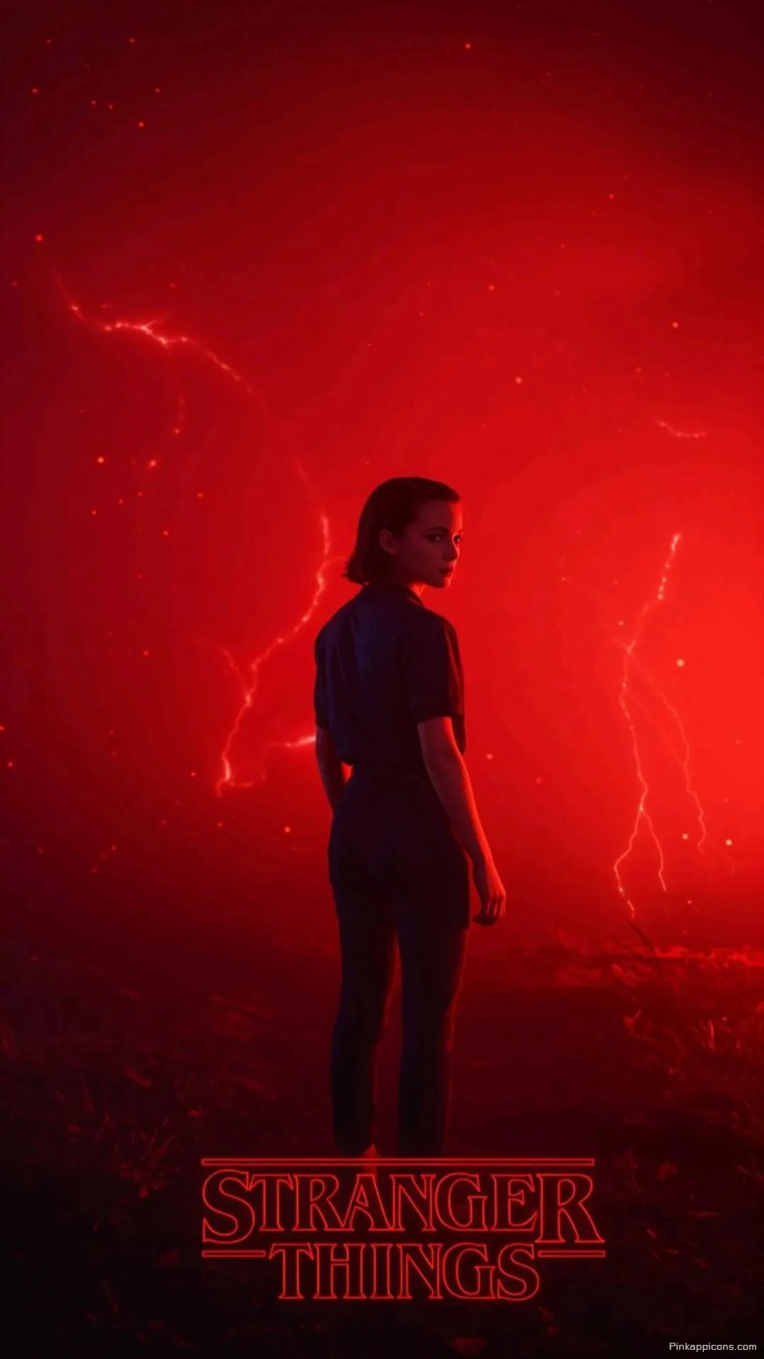 Intense Stranger Things Wallpaper for Phone Eleven Standing Brave Against a Powerful Red Stormy Sky Intense Stranger Things Wallpaper for Phone Eleven Standing Brave Against a Powerful Red Stormy Sky.