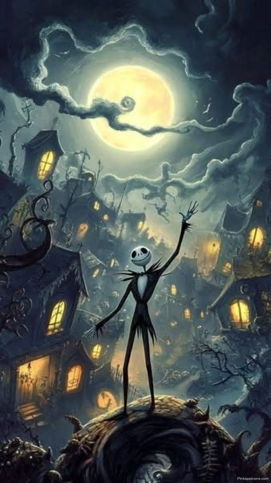 Jack Skellington in Halloween Town under a full moon perfect spooky phone wallpaper Jack Skellington in Halloween Town under a full moon, perfect spooky phone wallpaper.