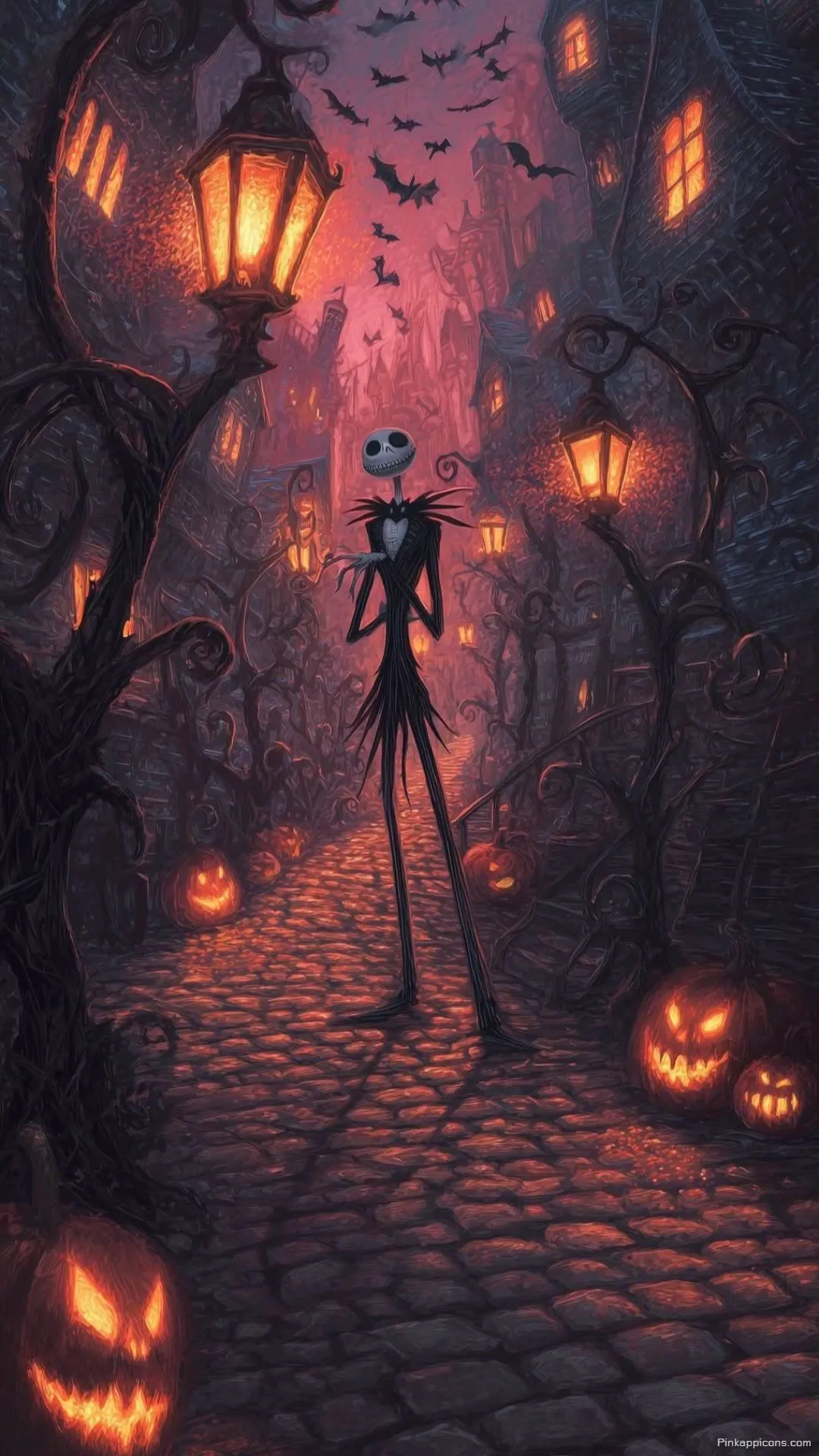 Jack Skellington in a Spooky Halloween Town Street with Glowing Pumpkins Phone Wallpaper Jack Skellington in a Spooky Halloween Town Street with Glowing Pumpkins Phone Wallpaper.