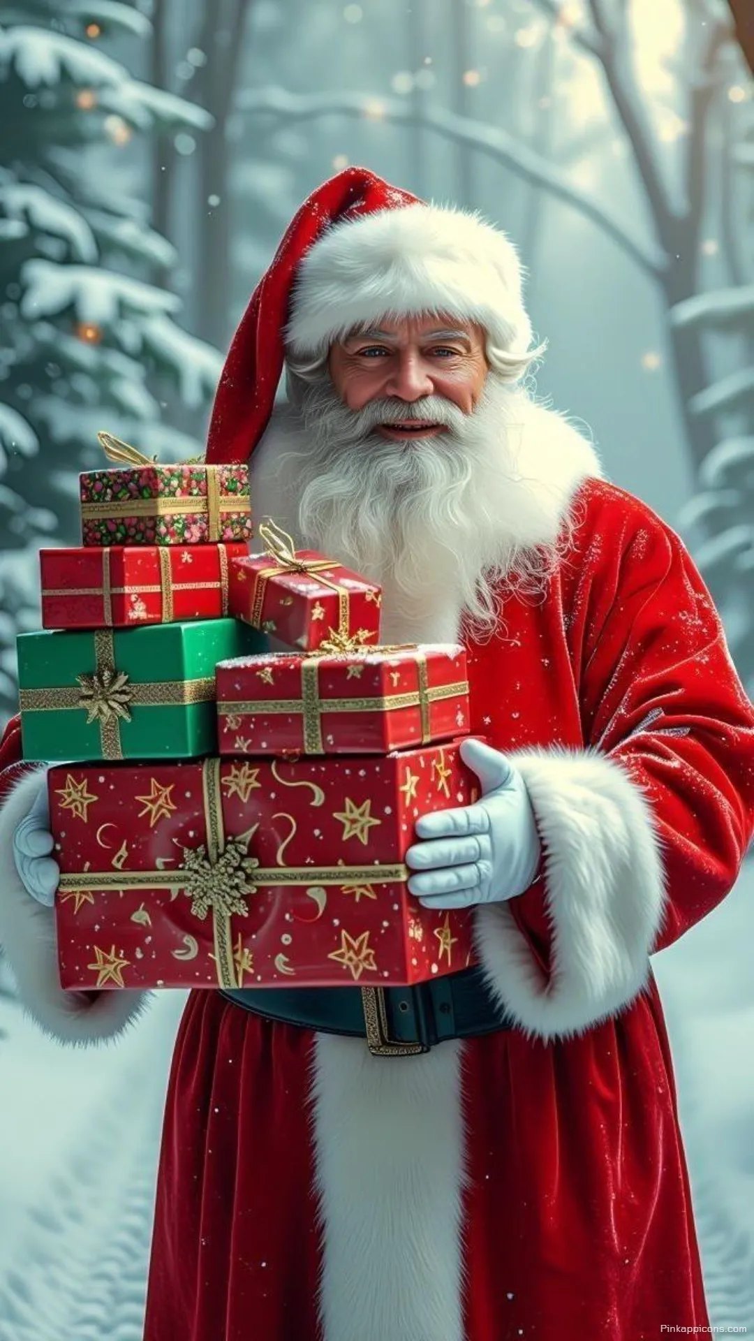 Jolly Santa Claus with Gifts Christmas Wallpaper Festive Snowy Forest Phone Wallpaper Jolly Santa Claus with Gifts Christmas Wallpaper Festive Snowy Forest Phone Wallpaper