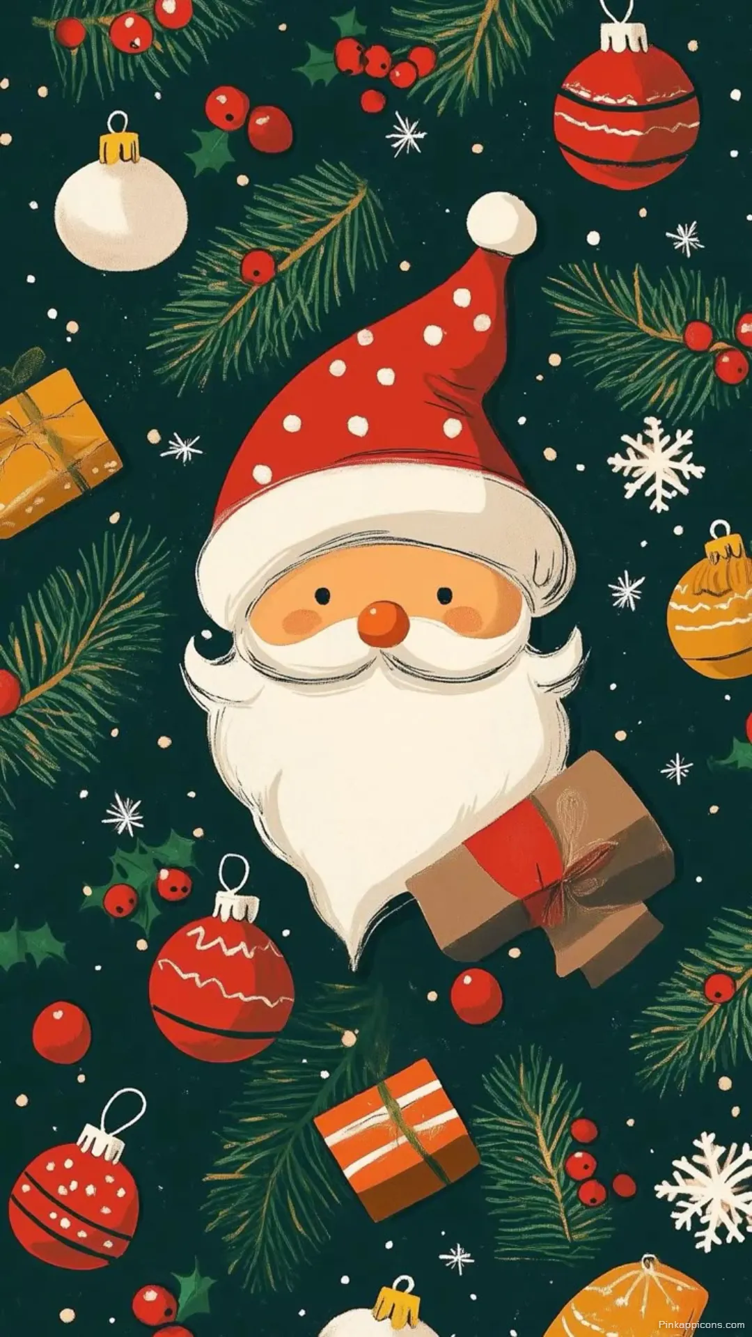 Jolly Santa and Festive Ornaments Christmas Wallpaper for Phone with Gifts and Holly Jolly Santa and Festive Ornaments Christmas Wallpaper for Phone with Gifts and Holly