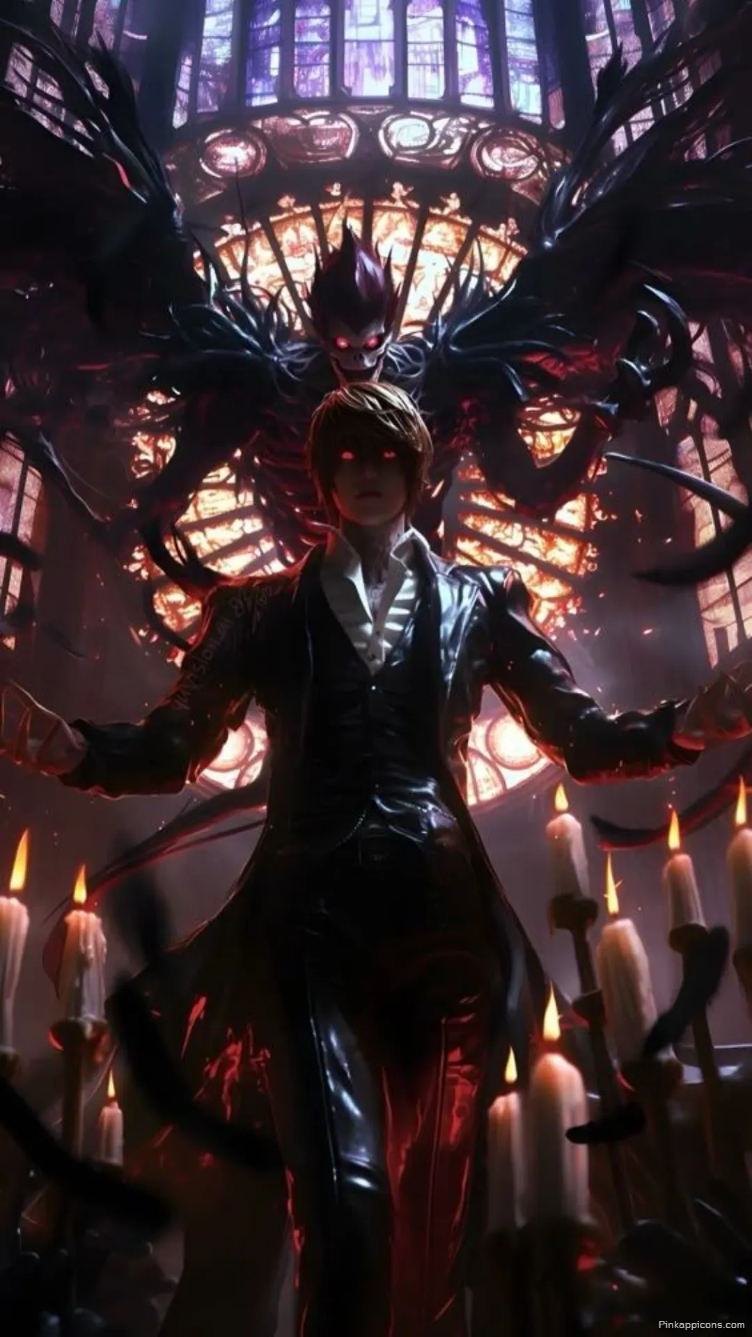 Light Yagami and Ryuk stand amidst a glowing inferno a dramatic dark anime wallpaper 4K for your phone Light Yagami and Ryuk stand amidst a glowing inferno, a dramatic dark anime wallpaper 4K for your phone.
