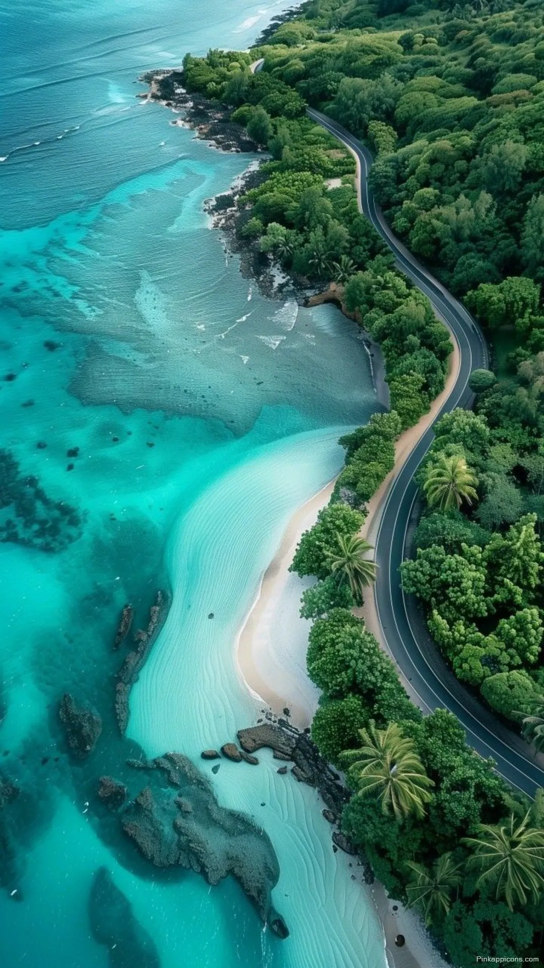 Lush Green Coastline Ocean Wallpaper Serene Tropical Beach with Turquoise Water and Scenic Road Phone Background Lush Green Coastline Ocean Wallpaper Serene Tropical Beach with Turquoise Water and Scenic Road Phone Background