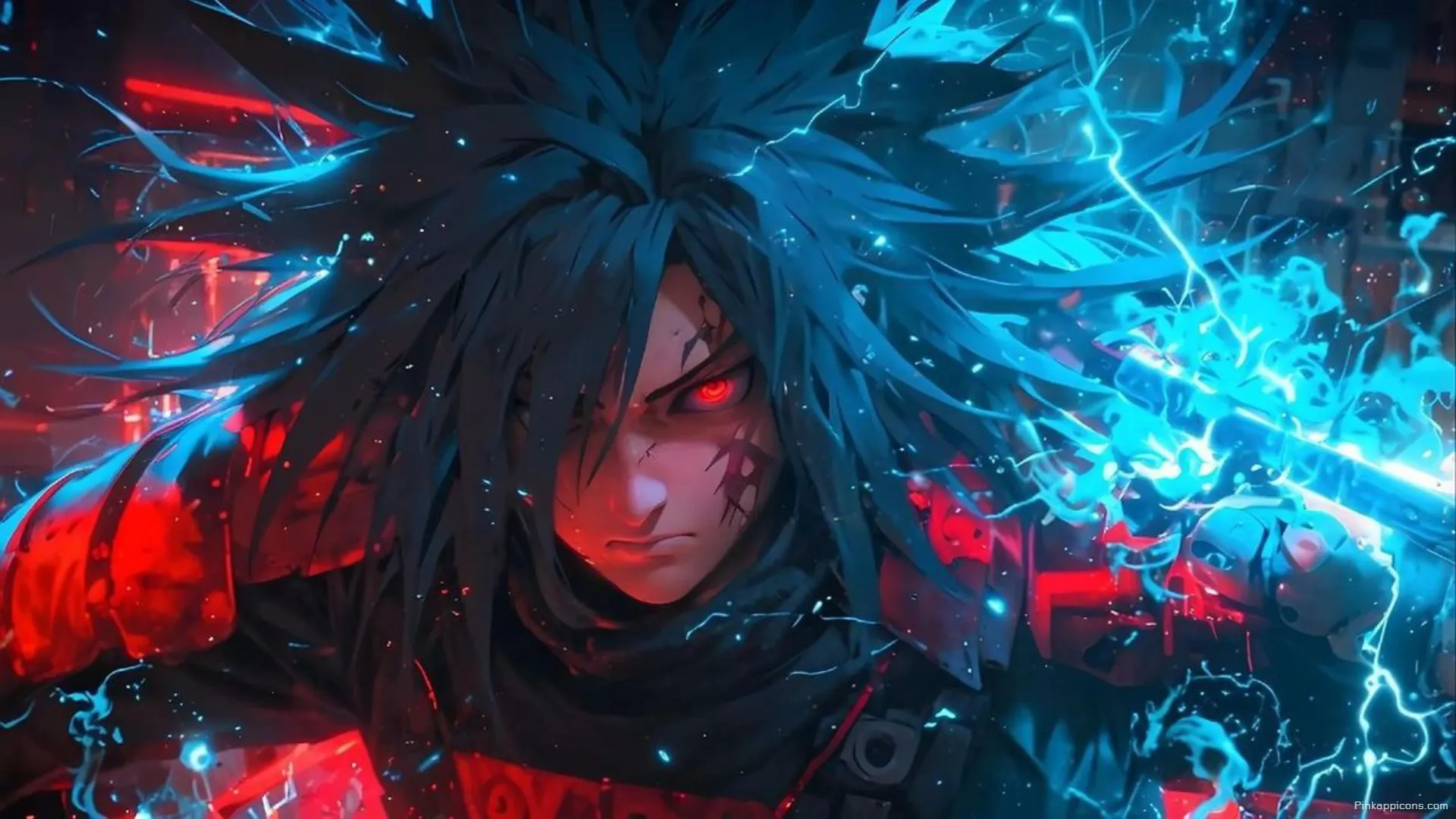 Madara Uchiha with glowing red eyes and blue lightning a dynamic laptop anime wallpaper Madara Uchiha with glowing red eyes and blue lightning, a dynamic laptop anime wallpaper.