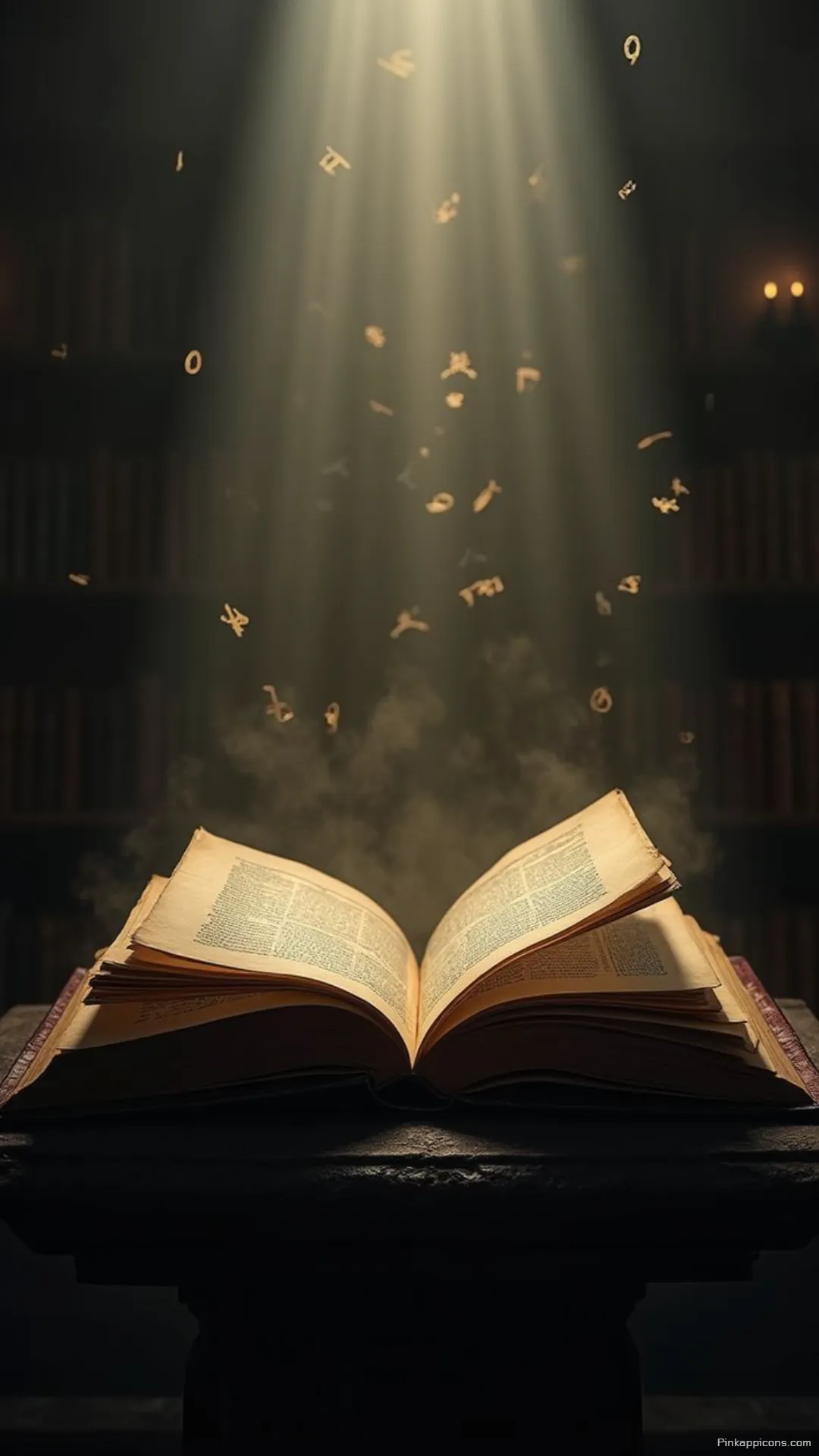 Magical book wallpaper with letters flying out of the pages under a divine light for your phone Magical book wallpaper with letters flying out of the pages under a divine light for your phone.