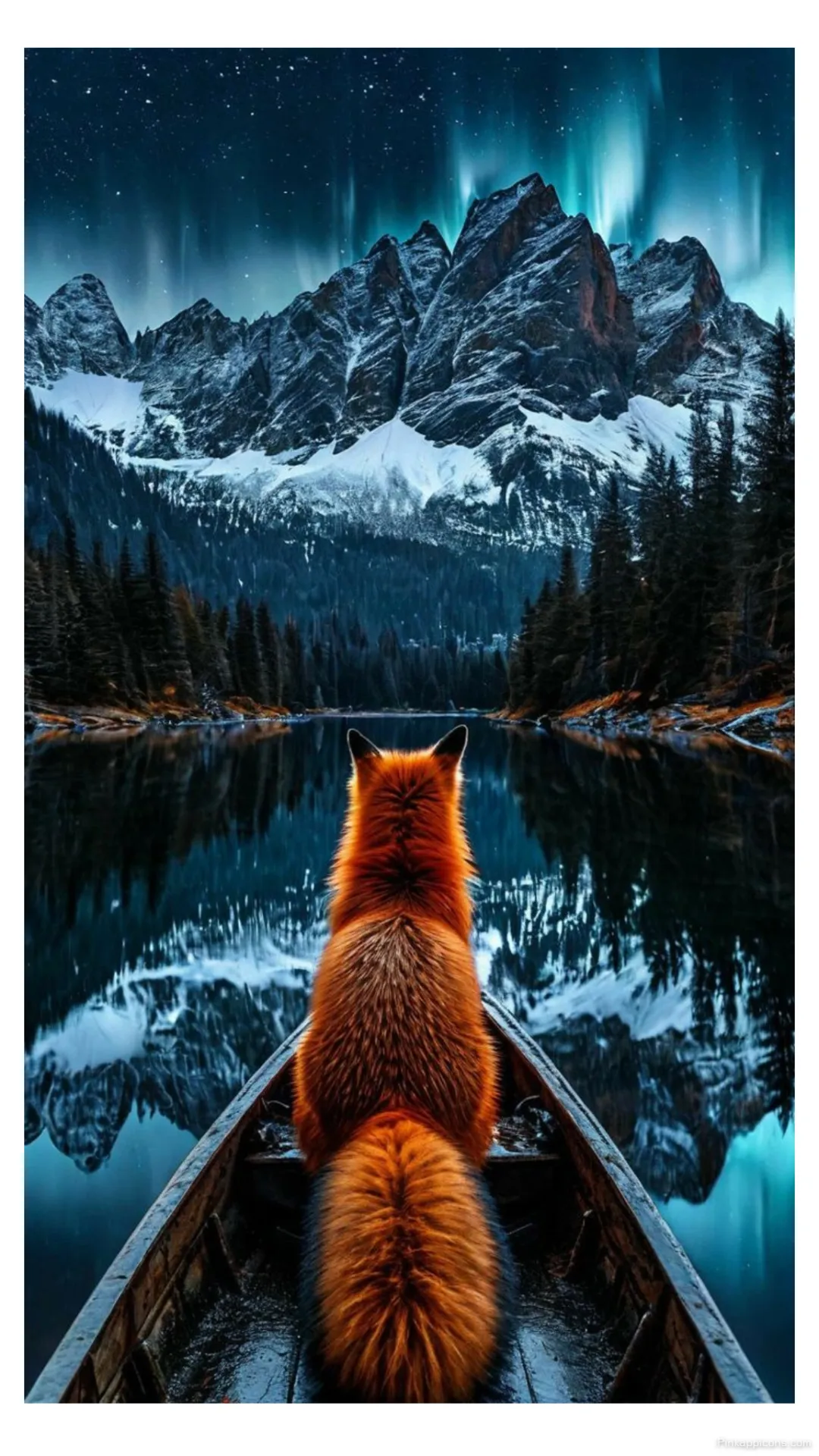 Magical red fox wallpaper on a boat watching the aurora borealis over snowy mountains Magical red fox wallpaper on a boat, watching the aurora borealis over snowy mountains.