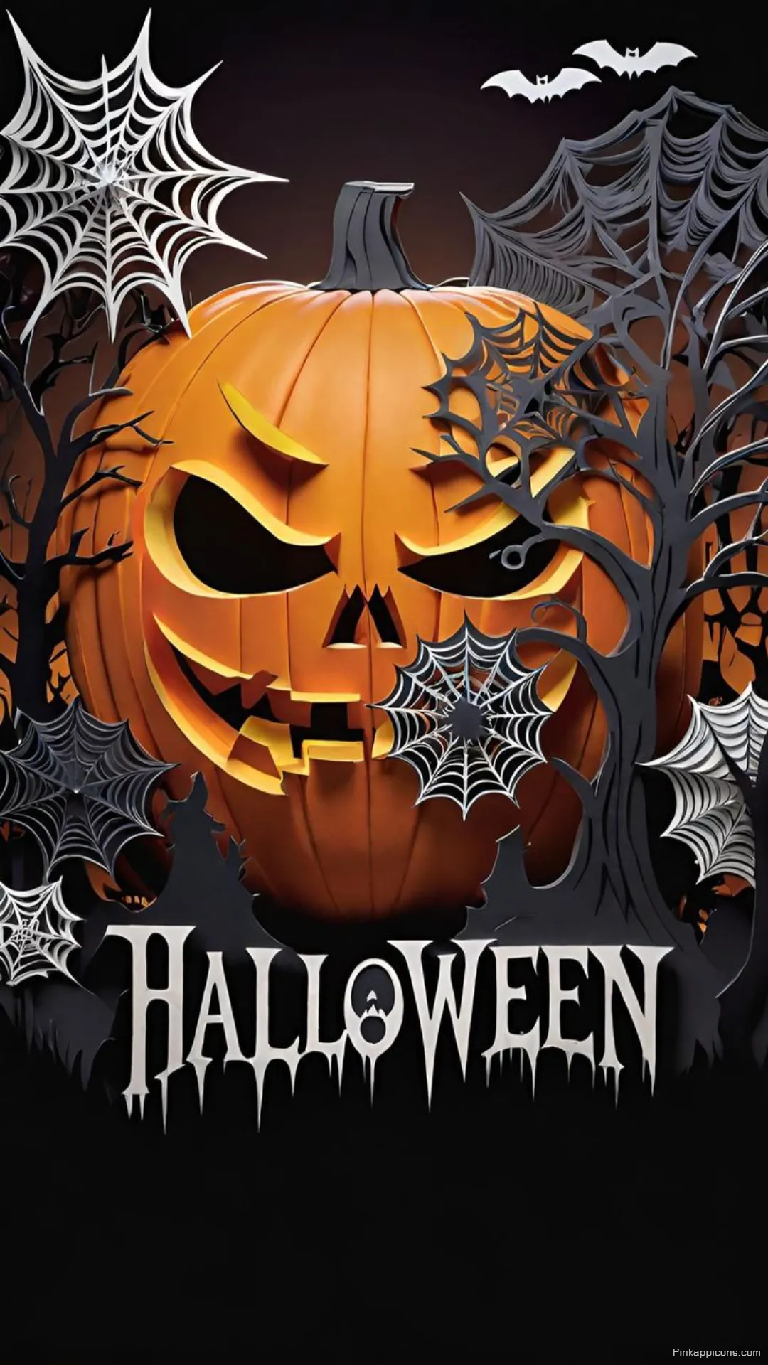 Menacing Jack o Lantern with Spiderwebs Bats Halloween Wallpaper for a Spooky Phone Background Menacing Jack-o’-Lantern with Spiderwebs & Bats Halloween Wallpaper for a Spooky Phone Background