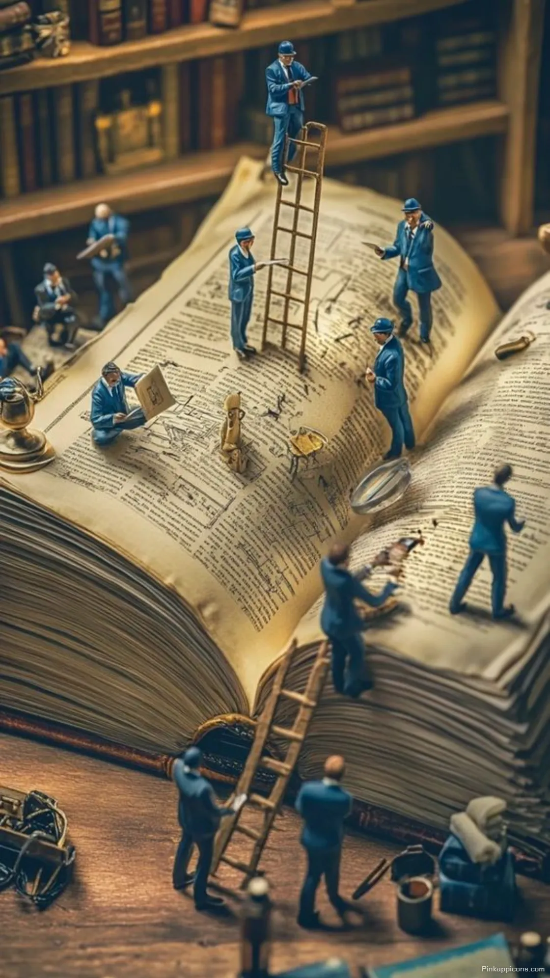 Miniature world book wallpaper with tiny people exploring a giant open book in a library Miniature world book wallpaper with tiny people exploring a giant open book in a library.