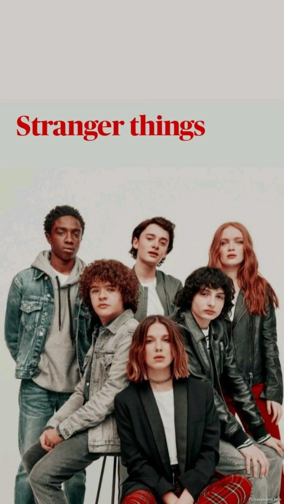 Modern Stranger Things Wallpaper for Phone The Main Young Cast Posing Together in a Stylish Group Shot Modern Stranger Things Wallpaper for Phone The Main Young Cast Posing Together in a Stylish Group Shot.