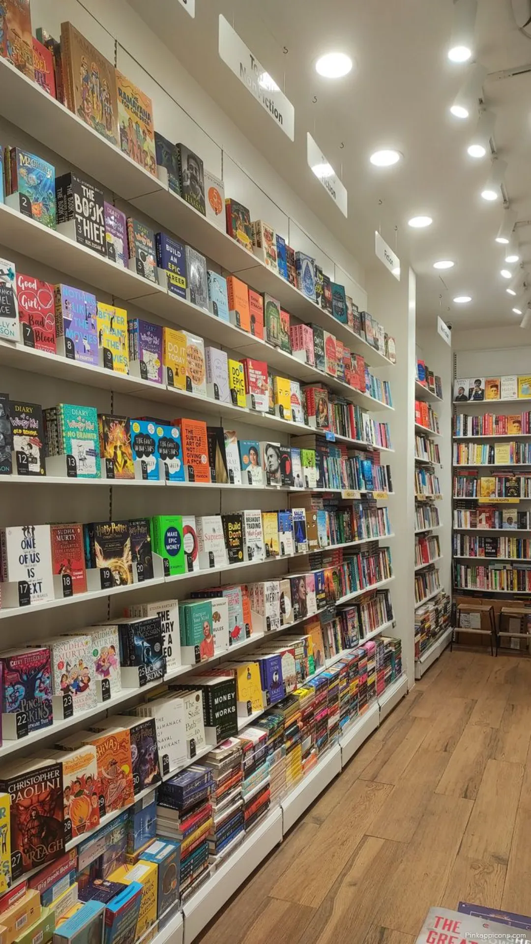 Modern bookstore aisle book wallpaper a bright and clean readers paradise for your phone Modern bookstore aisle book wallpaper, a bright and clean reader’s paradise for your phone.